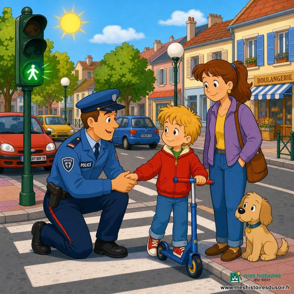 Un policier souriant dans la trentaine, cheveux bruns courts, casquette et manteau bleu clair, s'agenouille et tient la main d'un garçon d'environ 6 ans, cheveux blonds en bataille, veste rouge et trottinette bleue; le garçon regarde à gauche et à droite, rassuré. Une femme la trentaine, cheveux châtain attachés et tenue décontractée, se tient en retrait près d'un petit chien beige timide à poil court, assis, et sourit soulagée. Scène sur un passage piéton blanc, trottoirs colorés, maisons pastel à volets, arbres et lampadaires ronds, voitures garées en retrait et feu piéton vert clignotant; ciel bleu et soleil doux. Ambiance calme, couleurs chaudes, style dessin animé années 90 aux traits arrondis, composition centrée sur la main tenue, plan moyen en légère plongée.