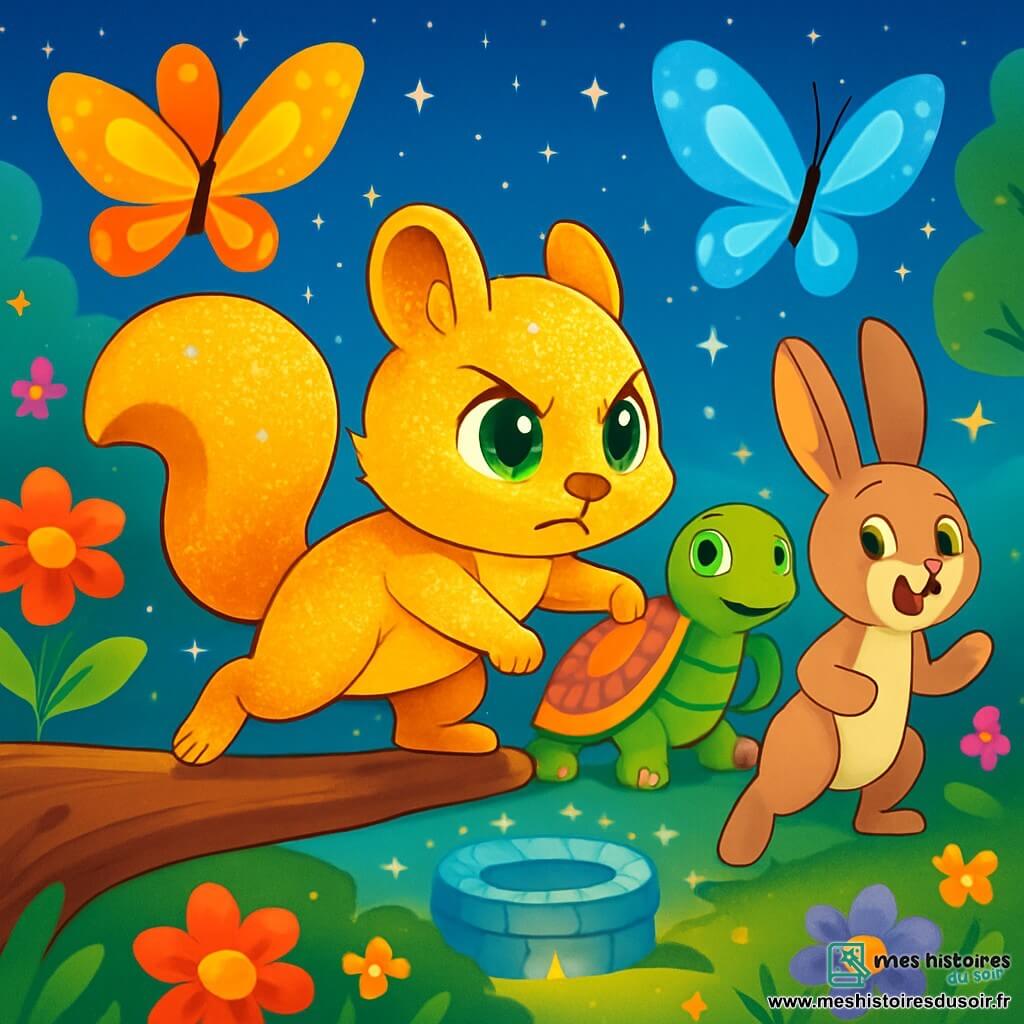 Au centre de l'image, un écureuil nommé Luma, avec une fourrure dorée et des yeux verts, exprime une grande détermination sur une branche d'arbre, prêt à s'élancer. À ses côtés, un lapin nommé Tico, avec un pelage brun clair, affiche une expression d'excitation. En arrière-plan, Mère Tortue, une tortue sage avec une carapace colorée, les observe avec un sourire bienveillant. Le décor est un royaume magique, rempli de fleurs lumineuses, de papillons géants et d'un ciel étoilé. Luma et ses amis se préparent à partir à l'aventure pour récupérer une pierre magique volée, unis et déterminés à affronter des technomages malveillants pour sauver le royaume des Fées Étoilées.