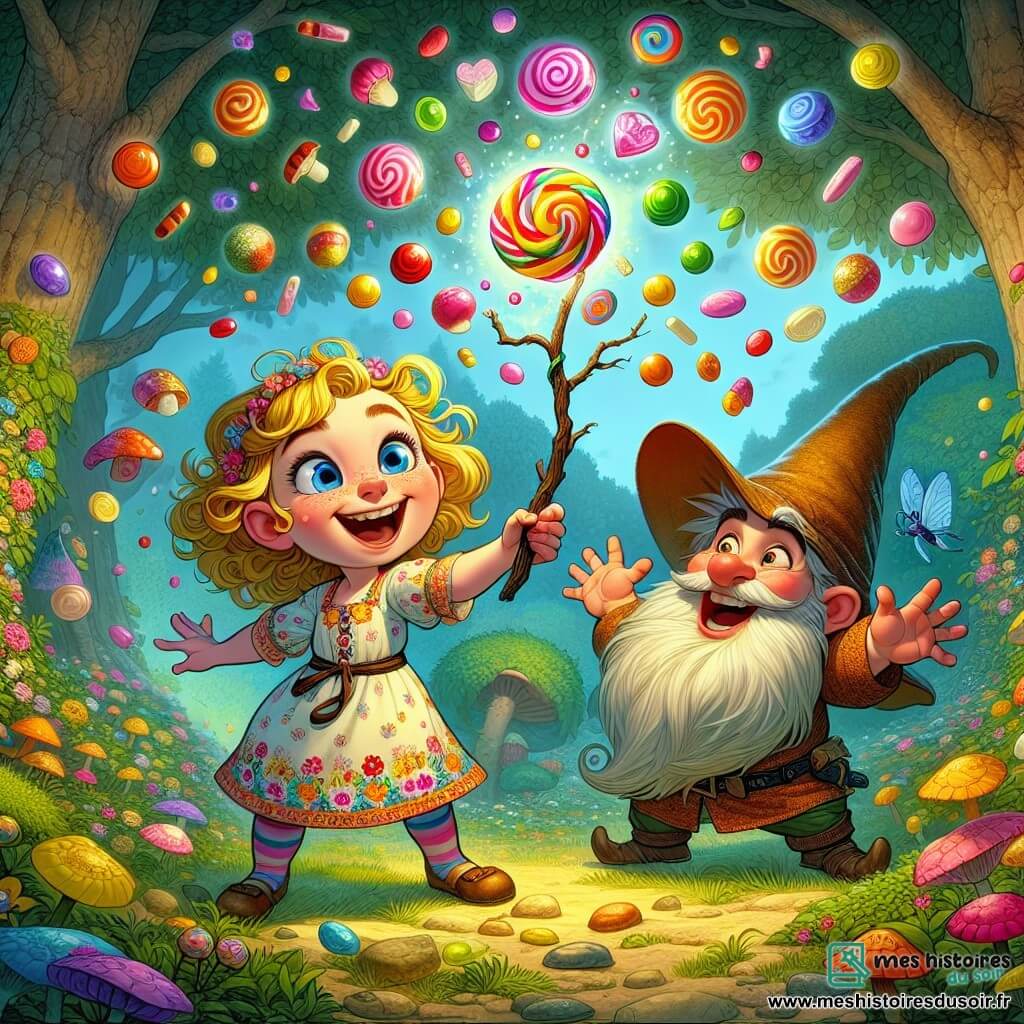 Une petite fille de 11 ans, Lucie, se tient au centre de l'image, avec des cheveux bouclés dorés et des yeux curieux. Elle porte une robe colorée à motifs floraux et sourit, agitant une baguette en forme de brindille. À ses côtés, un gnome nommé Grom, âgé d'environ 10 ans, avec une grande barbe et un chapeau trop grand, rit en tenant un chapeau magique. Le décor est une clairière enchantée, entourée d'arbres épais et de fleurs multicolores. Lucie et Grom tentent un sort pour faire apparaître des bonbons, tandis qu'un bonbon en forme de cœur tombe sur Grom, provoquant des rires.