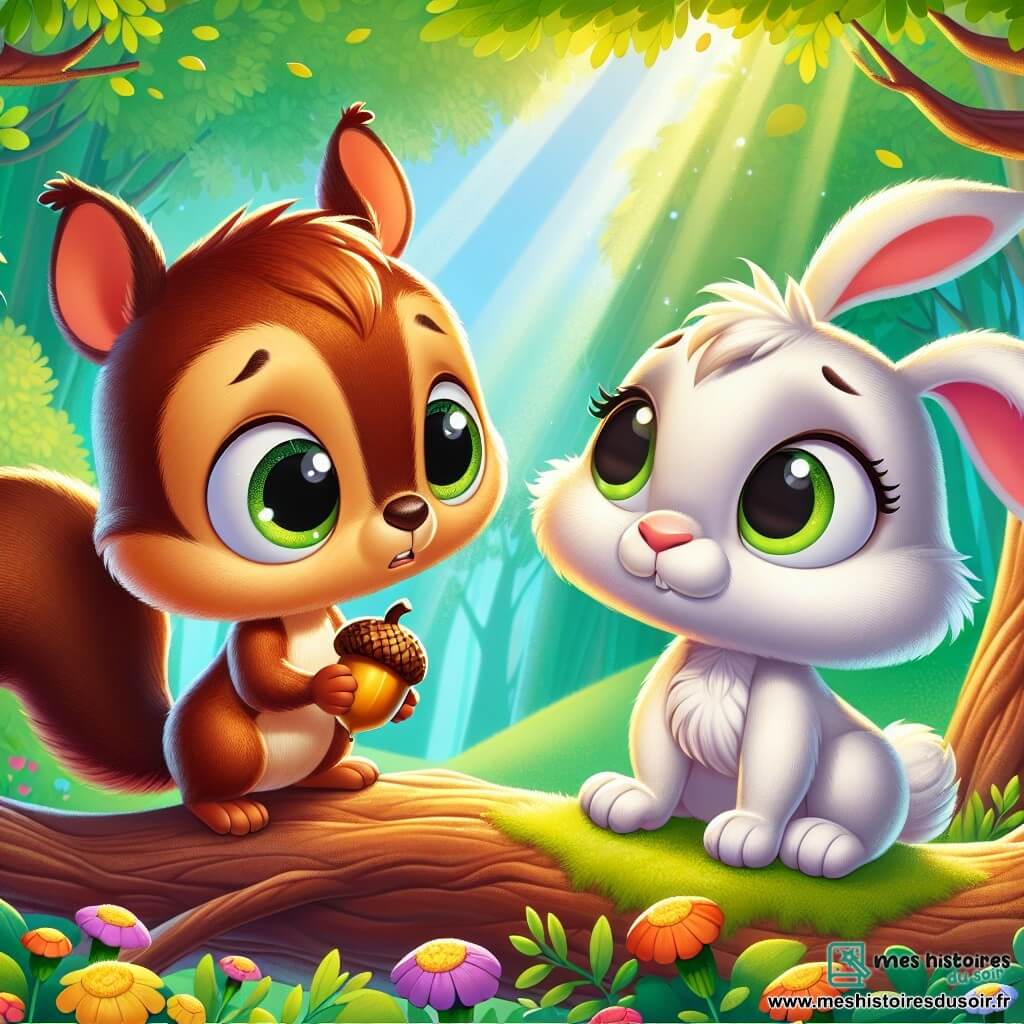Timmy le petit écureuil, au pelage brun et aux grands yeux pétillants, se tient sur une branche, inquiet et triste, tenant une noisette dorée entre ses petites pattes. Lila la lapine, au pelage blanc et aux grandes oreilles dressées, se trouve juste en dessous, le regardant avec curiosité et empathie. La scène se déroule dans une forêt verdoyante, avec des arbres majestueux, des fleurs colorées et un doux rayon de soleil. Timmy, cachant sa tristesse, se demande s'il doit avouer qu'il a perdu la noisette, tandis que Lila l'encourage à parler de ses préoccupations.
