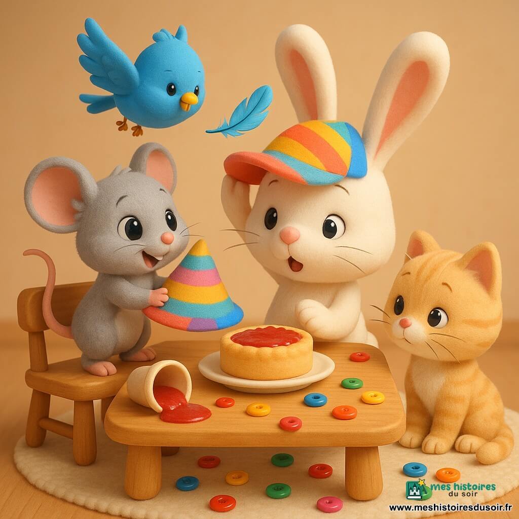 Mimi, petite souris grise aux grands yeux, tient un chapeau coloré sur une chaise basse. Lapinou, lapin blanc aux longues oreilles et nez rose, porte le chapeau de travers, surpris et ravi, assis devant une assiette de gâteau. Zoé, oiseau au plumage bleu et bec jaune, vole au-dessus de la table et laisse tomber une plume brillante sur le chapeau. Poilu, chaton crème tigré, observe curieux des boutons roulants au bord du tapis. La table en bois porte un gâteau à la confiture rouge, un bol de confiture renversé et des boutons multicolores qui roulent. Ambiance chaleureuse et joyeuse, lumière douce, couleurs pastel et textures pelucheuses, composition centrée sur le chapeau et les regards affectueux des amis.