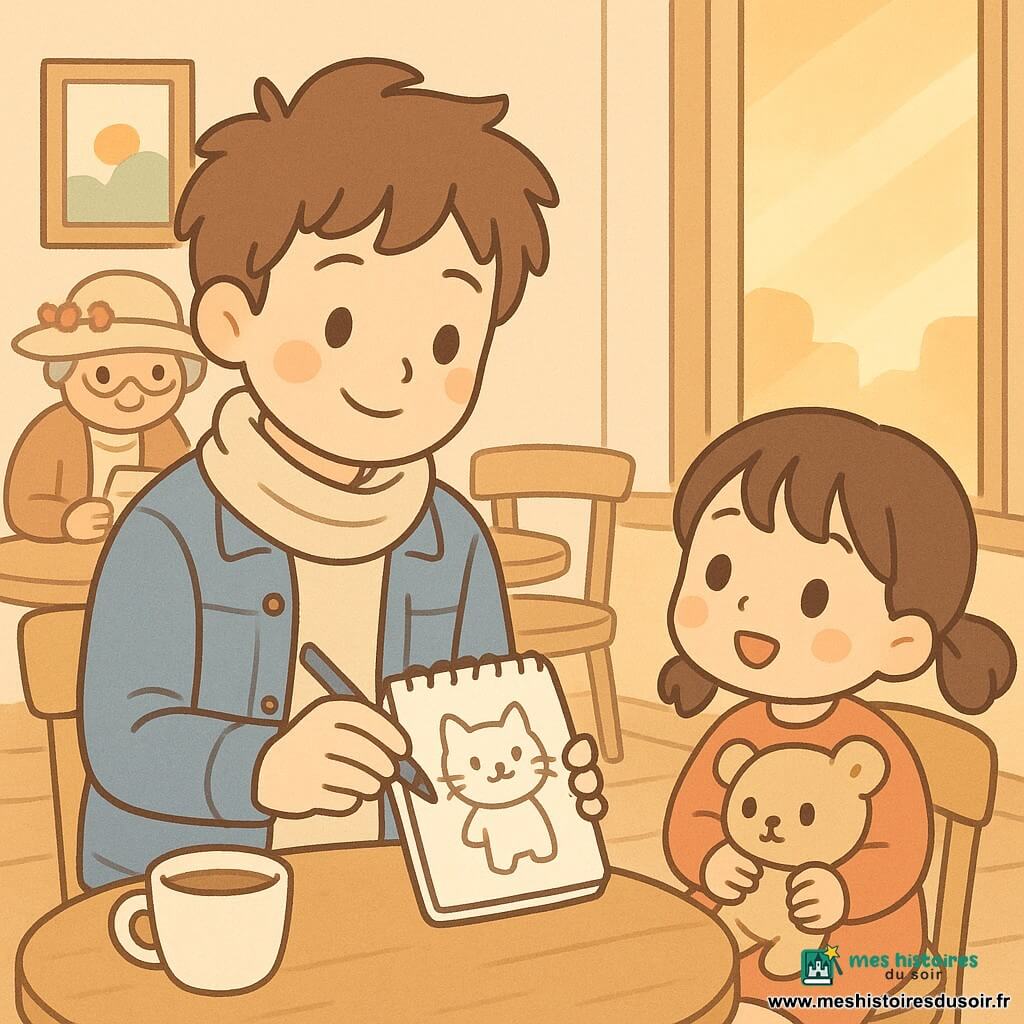 Lucas, sourire rêveur, cheveux châtain en bataille, veste en jean et écharpe légère, tient un carnet de croquis et dessine au crayon gris vers la fenêtre tandis qu'à sa droite une fillette d'environ 5 ans, cheveux bruns en couettes, tient une peluche beige et regarde émerveillée le dessin qu'il lui tend; en arrière-plan à gauche, une vieille dame au chapeau fleuri lit son journal à une table voisine; le café chaleureux aux grandes fenêtres, murs crème ornés de tableaux et tables en bois clair baigne dans une lumière dorée de coucher de soleil avec tasses fumantes, ambiance cosy et lumineuse, traits de crayon visibles, couleurs douces, formes arrondies et textures papier et bois légèrement marquées.