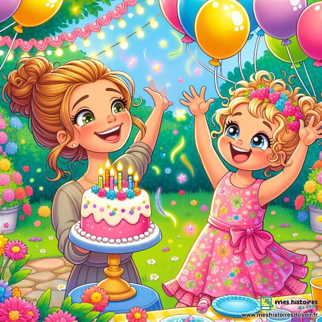 Lili, une petite fille de 4 ans aux cheveux bouclés et dorés, porte une robe rose à fleurs. Elle sourit joyeusement, levant les bras pour attraper des ballons colorés. Sa maman, une femme douce d'environ 30 ans aux cheveux châtains en chignon, la regarde tendrement tout en tenant un grand gâteau décoré de bougies. Le jardin est rempli de guirlandes, de fleurs et de ballons multicolores. Des amis de Lili jouent autour d'une table dressée avec des assiettes et des gobelets colorés. Lili s'amuse à la fête d'anniversaire de son amie Emma, entourée de rires et de couleurs éclatantes sous un ciel bleu clair.