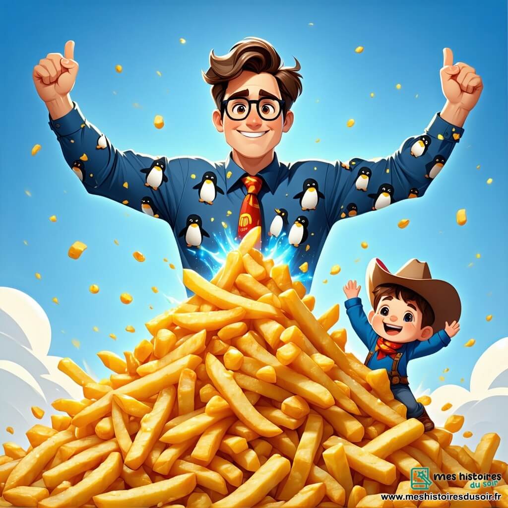 Simon, un homme d'une trentaine d'années avec des cheveux bruns en désordre et des lunettes rondes, sourit largement en levant les bras pour montrer une montagne de frites dorées. À ses côtés, Max, un garçon de 10 ans avec un chapeau de cow-boy, rit en pointant les frites, tandis que Lila, une fille de 9 ans en robe à pois rouges, s'exclame de surprise, tenant un ballon coloré. La scène se déroule dans un parc ensoleillé, rempli d'arbres et de fleurs, où des familles pique-niquent et des clowns jonglent. Simon, en tentant de cacher ses pouvoirs, fait apparaître des frites géantes, suscitant l'émerveillement de ses amis.