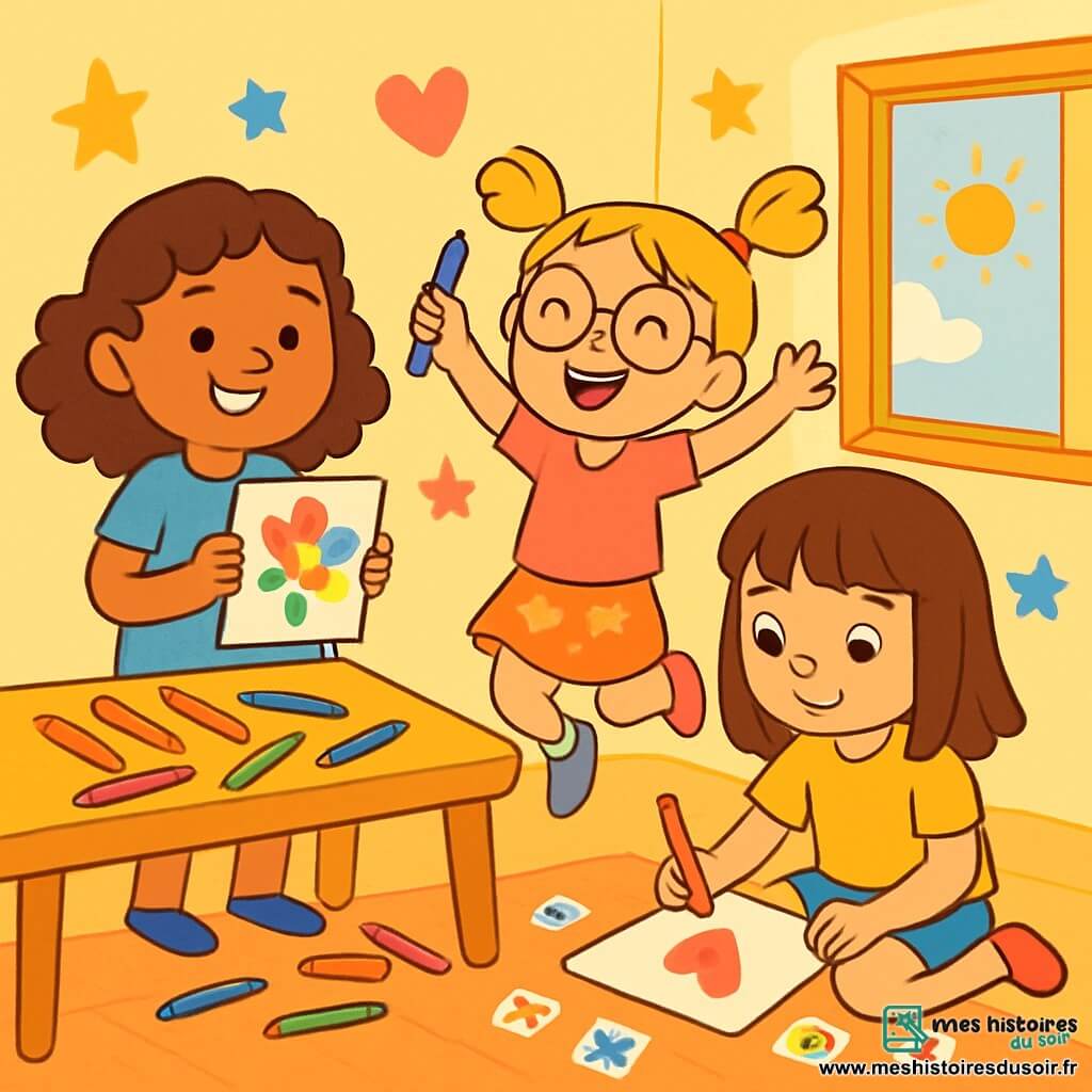Il y a trois personnages : Mila, une fille de 7 ans avec des cheveux bruns et bouclés, souriante et tenant une lettre colorée ; Zoé, une fille de 6 ans avec des couettes blondes et des lunettes rondes, sautant de joie avec un crayon violet ; et Lila, une fille de 7 ans avec des cheveux châtains, assise par terre, dessinant un cœur sur sa lettre. L'action se déroule dans une chambre lumineuse aux murs jaunes pastel, avec des crayons éparpillés sur une table en bois et des décorations en papier. Les trois amies écrivent des lettres pour la fête des mères, entourées de dessins colorés et riant joyeusement.