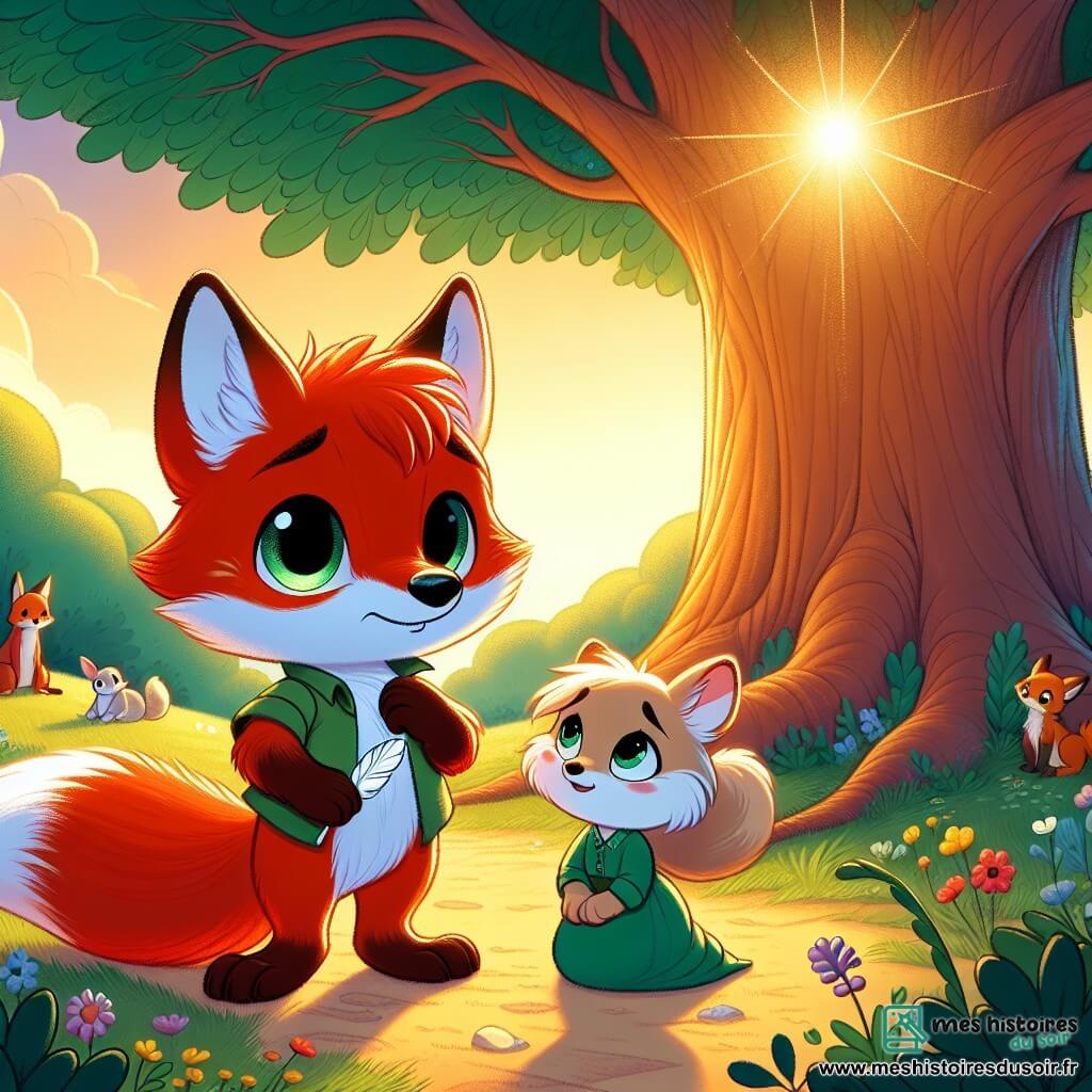 Au premier plan, un jeune renard nommé Rémi, au pelage roux éclatant et aux grands yeux brillants, se tient près d'un chêne. Son expression est triste mais déterminée alors qu'il tient une plume blanche, symbole de son grand-père. À ses côtés, sa maman renarde, au pelage marron, le regarde avec tendresse et lui sourit pour lui donner du courage. En arrière-plan, la clairière est illuminée par le soleil couchant, créant une atmosphère paisible, tandis que des fleurs colorées et des petits animaux, comme des écureuils et des lapins, les entourent. Rémi raconte une histoire aux autres animaux, célébrant la vie de son grand-père avec amour et joie.