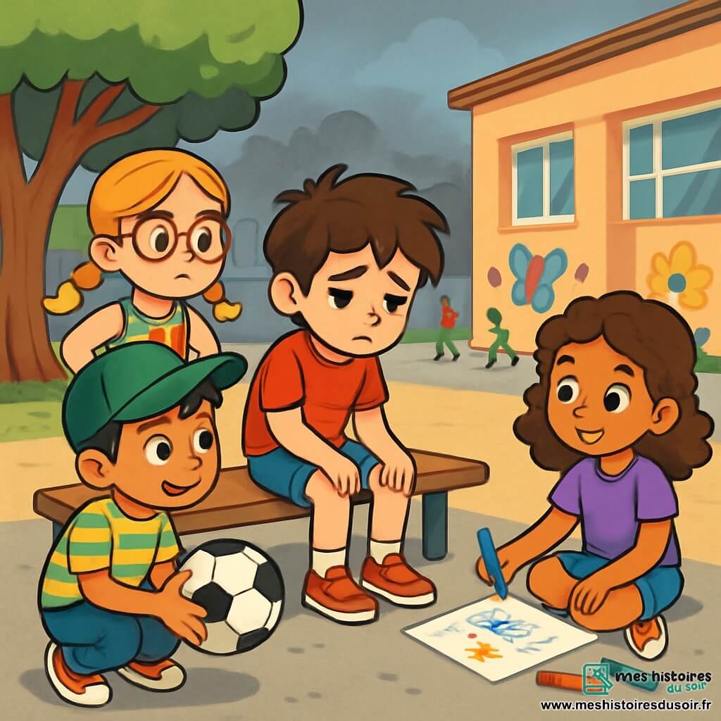 Quatre enfants sont présents : Lucas, un garçon de 8 ans aux cheveux bruns en bataille et aux yeux tristes, assis sur un banc en t-shirt rouge et short bleu ; Zoé, une fille de 8 ans avec des cheveux blonds tressés et des lunettes rondes, portant une robe à fleurs colorées, se tient à côté de lui, l'air préoccupé ; Mehdi, un garçon de 8 ans aux cheveux noirs et casquette verte, accroupi devant Lucas avec un ballon de foot ; et Emma, une fille de 8 ans aux cheveux châtains bouclés, souriante, dessinant sur le sol avec des crayons de couleur. Ils se trouvent dans la cour de récréation d'une école, avec un terrain de jeu en béton et des dessins sur les murs. Lucas, triste et pensif, est encouragé par ses amis qui essaient de le distraire et de l'aider à partager ses émotions.