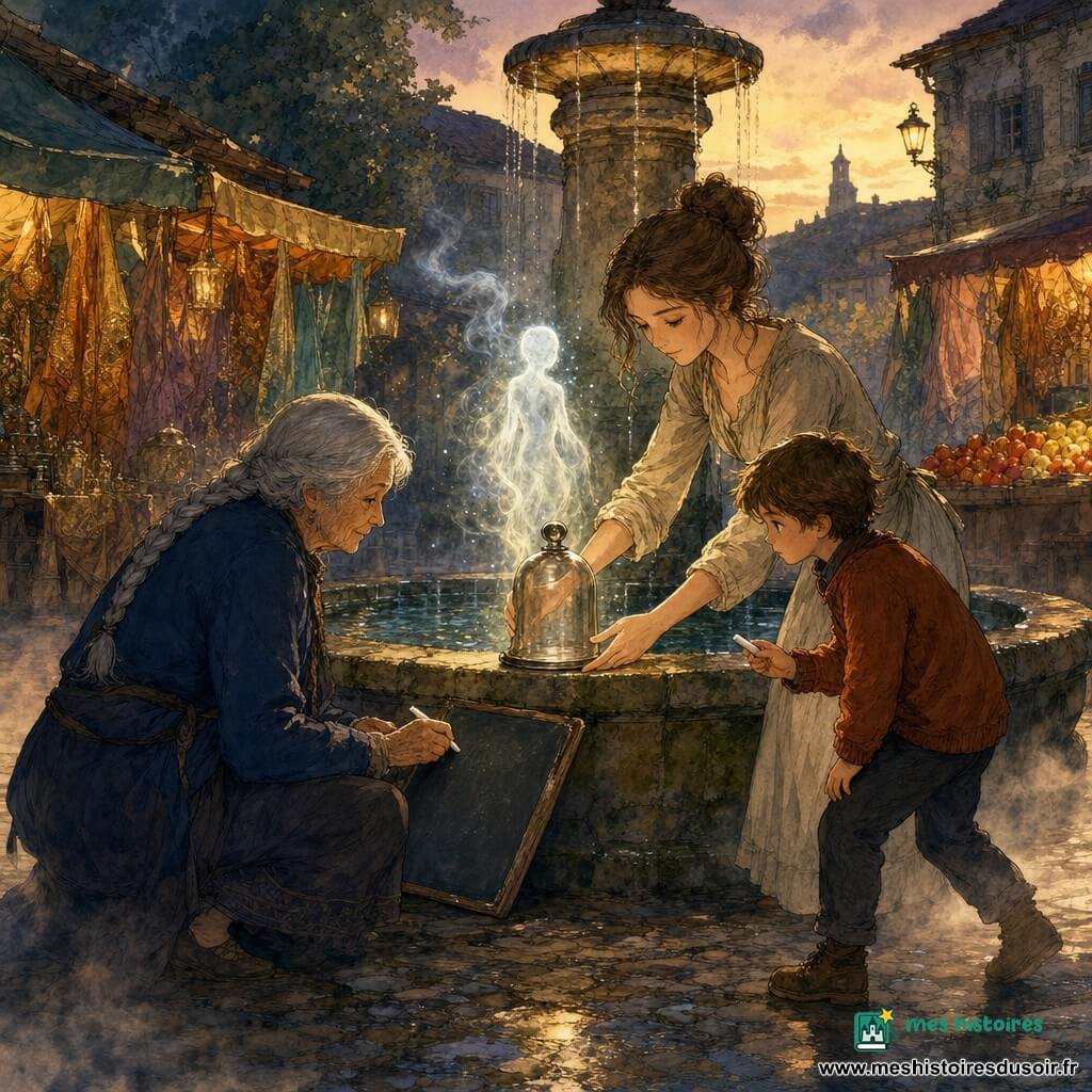 Aéliane, femme d'environ 35 ans aux cheveux châtain en chignon et robe lin, pose délicatement une clochette en verre fumé sur le rebord d'une fontaine ronde ; à sa gauche une vieille femme d'environ 70 ans aux cheveux blancs en tresse, manteau bleu foncé, écrit lentement sur une ardoise, et à sa droite un garçon d'environ 8 ans aux cheveux bruns et pull rouille s'approche timidement avec une craie ; à l'intérieur de la clochette flotte une silhouette translucide de brume, tandis que la petite place pavée, marchés en arrière-plan et une légère brume dorée au ras du sol créent une ambiance crépusculaire, magique, aux tons or, bleu-gris, verts doux et accents de cuivre.