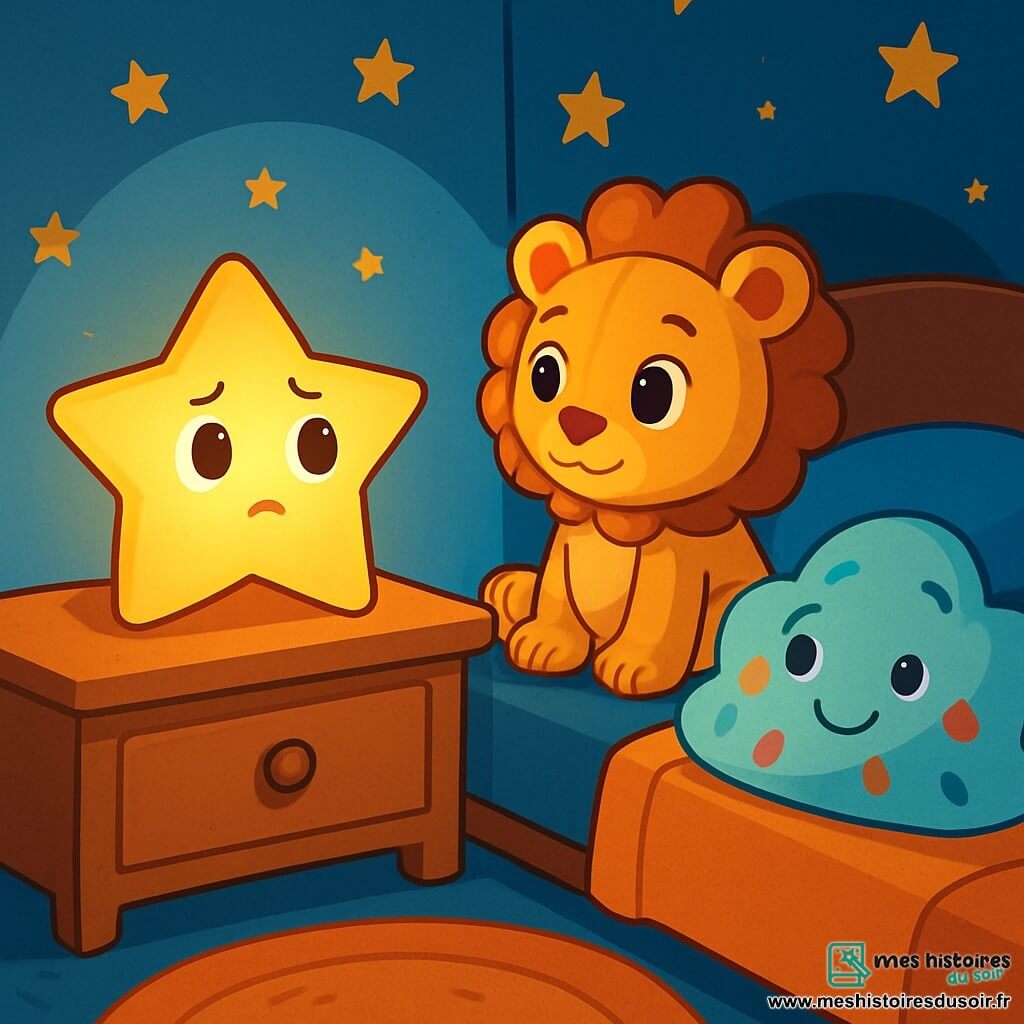 Lampe-Lumi, une veilleuse jaune en forme d’étoile, brille faiblement sur la commode, ses yeux ronds reflétant une légère inquiétude. Elle est prête à s’éteindre, mais garde une lueur d’espoir. Peluche-Lionne, un lion en peluche pastel, est à ses côtés, ses yeux brillants de compassion, lui murmurant des mots réconfortants. Coussin-Doux, un coussin moelleux en forme de nuage, est allongé sur le lit, prêt à apaiser les craintes de Lampe-Lumi. La chambre est petite et chaleureuse, avec des murs bleu clair et des étoiles dorées au plafond, créant une atmosphère mystérieuse et réconfortante. Lampe-Lumi se prépare à affronter sa peur du noir, entourée de ses amis qui lui offrent leur soutien.