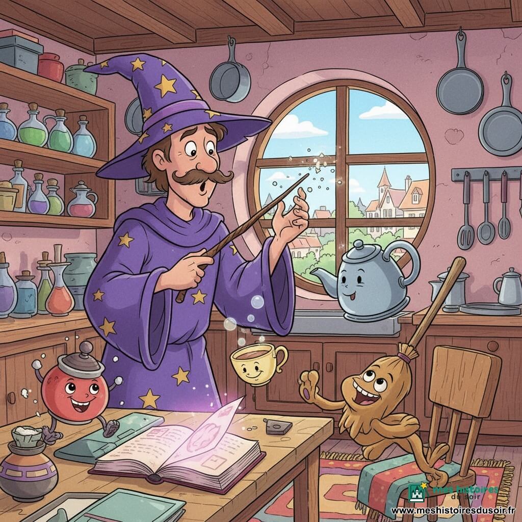 Gaston, un sorcier homme surpris et amusé aux sourcils froncés et moustache frémissante, porte une robe violette à étoiles dorées et un chapeau pointu de travers ; sa baguette, vivante, semble éternuer tandis qu’un balai animé bondit à sa droite comme un chien joueur, une tasse de thé souriante et une bouilloire argentée chantante flottent devant lui, un pot à sucre rond et rouge saute à gauche en projetant des éclats sucrés, le tout dans une cuisine-laboratoire colorée et encombrée — étagères de fioles vert émeraude et bleu ciel, grimoire ouvert brillant en rose pastel, casseroles suspendues, tapis multicolore emmêlé autour d’une chaise et grande fenêtre arrondie sur un village lumineux — scène joyeuse et chaotique créée par un sortilège chatouille, aux couleurs vives, traits arrondis, ombres douces et textures de bande dessinée des années 90.