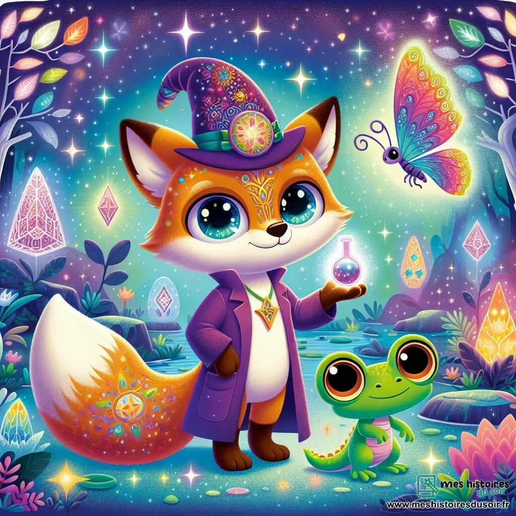 Félix, un renard scientifique aux yeux brillants et au pelage doré, est au centre de la scène avec un sourire émerveillé. Il porte un chapeau de magicien et tient une potion lumineuse. À ses côtés, Glou, un petit gardien de la magie ressemblant à une grenouille-dragon, l'admire, tandis que Zaza, un papillon géant aux ailes arc-en-ciel, vole autour d'eux en les encourageant. La scène se déroule sur la Montagne des Merveilles, un paysage enchanteur avec des arbres aux feuilles argentées et un ciel étoilé. Ensemble, ils combinent leurs pouvoirs pour purifier un cristal géant, libérant une énergie lumineuse qui révèle un monde caché rempli de couleurs et de magie.