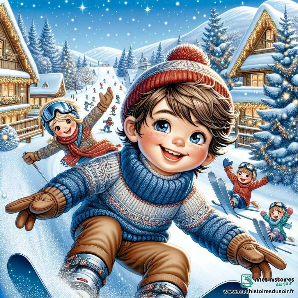 Un garçon de 11 ans nommé Lucas, avec des cheveux châtains en bataille et des yeux pétillants, glisse joyeusement sur une pente enneigée, un grand sourire sur le visage. Il porte un pull en laine bleu et un bonnet rouge. À proximité, son ami Jules, 12 ans, aux cheveux blonds et lunettes de ski, l'encourage avec enthousiasme. Le décor est un village de montagne avec des maisons en bois, des sapins décorés et un ciel bleu clair. La scène montre Lucas dévalant la pente, ses skis glissant sur la neige, tandis que d'autres enfants jouent, créant une atmosphère festive d'hiver.