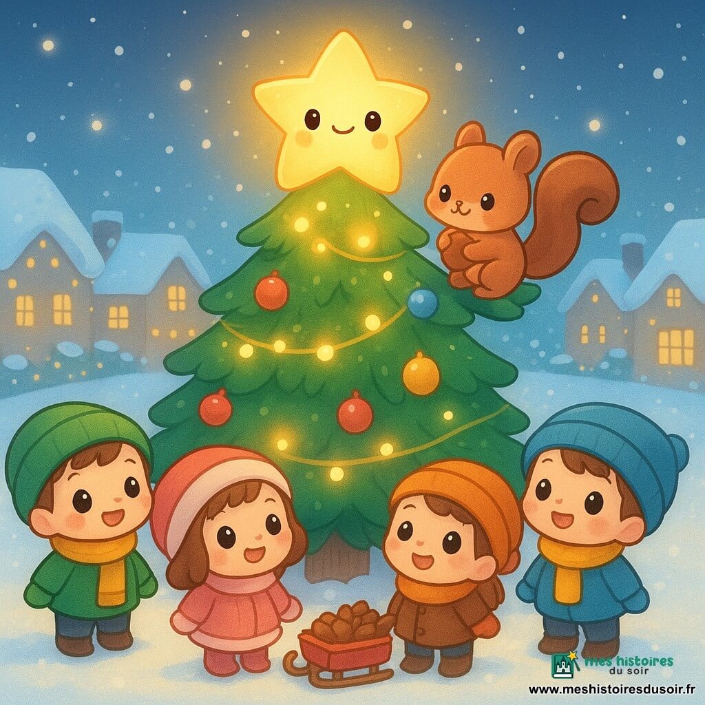 Une étoile nommée Lumi brille au sommet d'un sapin décoré, accompagnée de Noisette l'écureuil avec une noisette, et de Gaston le hérisson tirant un traîneau de pommes de pin. La scène se déroule sur une place de village enneigée, entourée de maisons et de lumières de Noël, où les enfants émerveillés regardent Lumi.