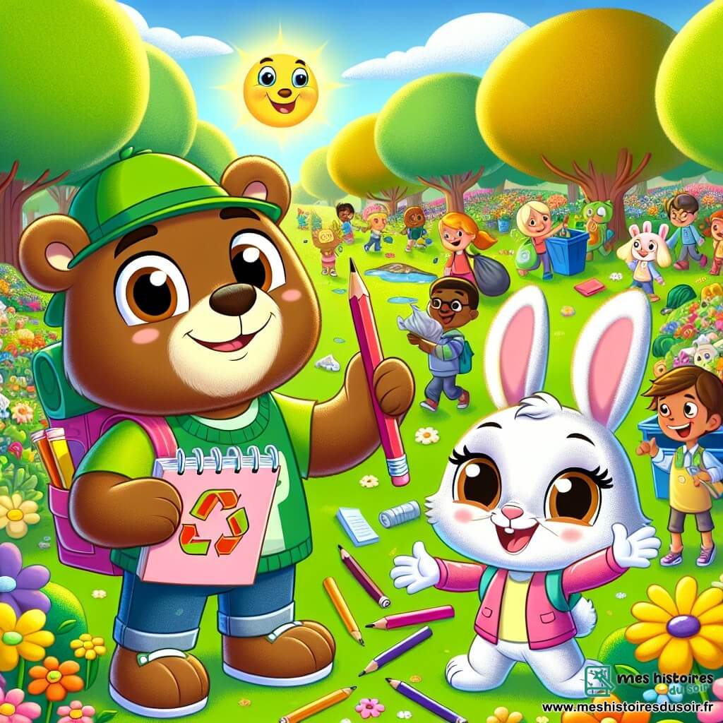 Un ours souriant nommé Oscar, portant un chapeau vert et un sac à dos rempli de crayons, se tient dans un parc ensoleillé, entouré de fleurs et d'arbres. Il dessine sur un carnet, exprimant sa passion pour la nature. À ses côtés, une lapine nommée Léa applaudit joyeusement, portant un t-shirt rose et tenant une affiche sur le recyclage. Le parc est animé par des familles et des enfants ramassant des déchets, créant une ambiance de camaraderie. Oscar et Léa organisent une journée de nettoyage, unissant les voisins pour rendre le parc plus propre et plus beau.