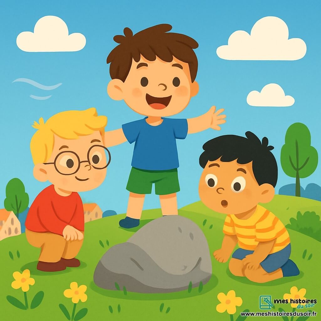 Il y a trois personnages : Léo, un garçon de 8 ans aux cheveux bruns en bataille, souriant au centre, portant un t-shirt bleu et un short vert ; Milo, un garçon de 7 ans avec des cheveux blonds et des lunettes rondes, vêtu d'un pull rouge et d'un pantalon beige, penché pour écouter un vieux caillou ; et Sami, un garçon de 6 ans aux cheveux noirs et joues rondes, accroupi près du caillou, émerveillé. L'action se déroule au sommet d'une colline verdoyante avec des fleurs jaunes, sous un ciel bleu parsemé de nuages. Les trois amis écoutent le caillou gris qui murmure des secrets, tandis que le vent souffle doucement et que le soleil brille, créant une ambiance magique.