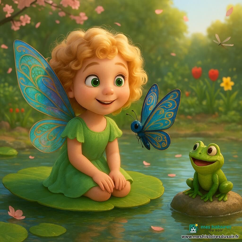 Petite fée Élodie aux cheveux blonds bouclés et ailes translucides iridescentes, souriante et émerveillée, est assise sur un large nénuphar au bord d'une mare, les mains sur les genoux ; un papillon bleu et or aux ailes mi-fermées repose sur son épaule droite et une petite grenouille verte coassée est posée sur un rocher proche ; autour, nénuphars, eau claire reflétant le ciel, libellules argentées, pétales de cerisier tombants, tulipes rouges, jonquilles jaunes et quelques légumes du potager, le tout baigné d'une lumière chaude de matinée, rendu chaleureux et texturé style film d'animation 3D.
