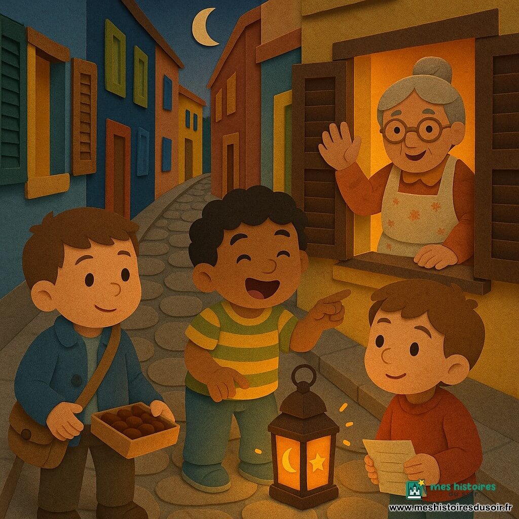 Quatre personnages : Adam, garçon d'environ 6 ans, cheveux bruns courts, peau claire, petite veste bleue, sac en toile, tenant une boîte de dattes à gauche et regardant la lanterne ; Sami, garçon d'environ 6 ans, cheveux noirs bouclés, peau hâlée, t‑shirt rayé jaune et vert, au centre, riant et pointant la lanterne ; Youssef, garçon d'environ 6 ans, cheveux châtain clair, peau olive, petit pull rouge, à droite en retrait, attentif et tenant une liste ; Mamie Nora, environ 65 ans, cheveux gris en chignon, robe à fleurs et tablier beige, souriante à la fenêtre au fond à droite. Lieu : petite rue pavée au crépuscule, trottoirs étroits, façades colorées avec volets en bois, boutique et fenêtre éclairée, quelques tilleuls. Situation : les trois garçons suivent une petite lanterne clignotante posée sur le trottoir qui projette une lumière chaude jaune‑orange, halos et étincelles, gestes de curiosité et d’émerveillement ; atmosphère douce et chaleureuse du Ramadan.