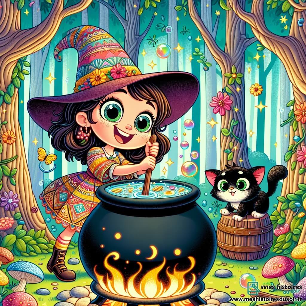 Lulu, la sorcière farfelue, est une jeune fille aux grands yeux ronds et à la robe colorée. Elle mélange des ingrédients dans un chaudron bouillonnant, son visage rayonnant de joie. À ses côtés, Merlin, son chat magique noir aux yeux verts, est prêt à sauter, amusé. La scène se déroule dans une forêt enchantée, entourée de grands arbres tordus, avec des fleurs colorées et des paillettes flottant dans l'air. Lulu et Merlin concoctent une potion pétillante qui fait rire tout le monde, tandis que des bulles colorées illuminent la forêt.