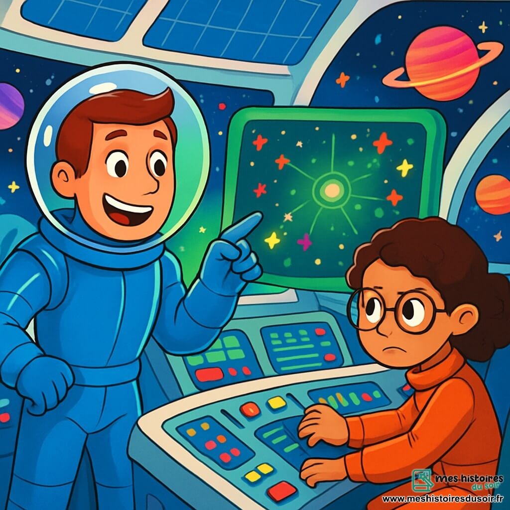 Le commandant Léo, un homme d'une trentaine d'années en combinaison spatiale bleue et casque transparent, exprime excitation et curiosité devant un grand écran de contrôle avec une carte étoilée colorée. À ses côtés, la pilote Mia, 12 ans, cheveux bouclés et lunettes rondes, ajuste son tableau de bord, concentrée et déterminée. Ils se trouvent dans la station Arc-en-Ciel, un lieu futuriste avec des panneaux solaires et des fenêtres panoramiques montrant des planètes et étoiles. Ils préparent leur mission d'exploration d'un coin mystérieux de la galaxie, alors qu'un signal étrange clignote sur l'écran, illuminant leurs visages d'une lueur verte fascinante.