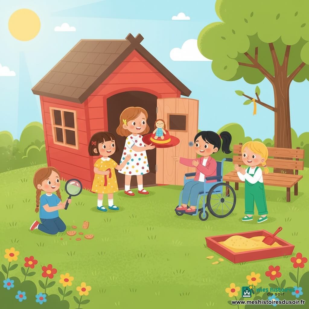 Cinq filles de 4 ans dans le jardin de l'école au matin : Lila, cheveux bruns courts, robe jaune, debout près d’un banc avec le chapeau rouge ; Zoé, tresses, tee-shirt bleu, agenouillée à gauche avec une loupe ; Mina, blonds en couettes, salopette verte, applaudissant près du bac à sable ; Ana, queue noire, veste rose, assise en fauteuil roulant montrant un petit bout de ruban jaune ; Emma, châtains, robe à pois, debout dans l'encadrement d'une petite cabane en bois tenant la poupée qui était sur le chapeau. Scène ensoleillée aux couleurs vives : pelouse, fleurs, banc usé, bac à sable et cabane rouge ouverte, ambiance de découverte et de réconciliation alors que les quatre détectives retrouvent le chapeau dans la cabane, sourires, formes simples et contours nets.