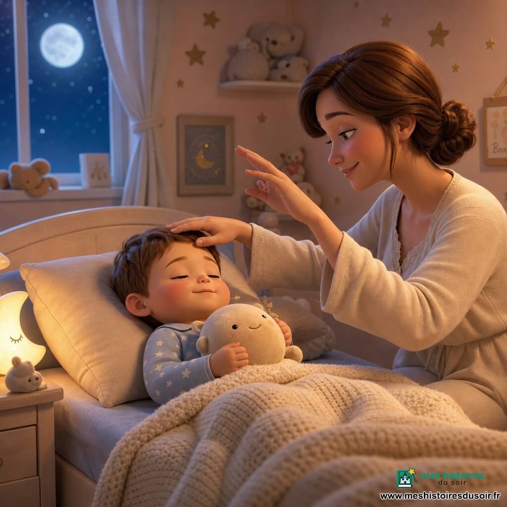 Un garçon de 2 ans calme, en pyjama bleu clair étoilé, dort paisiblement sur son lit en serrant un doudou rond beige; sa mère d'environ 30 ans, chignon bas châtain et tenue crème, assise au bord du lit à droite, pose une main sur son front et fait des gestes de papillon de l'autre main; petite nursery éclairée par une lumière de lune argentée, murs pêche pâle avec étoiles dorées, couverture en tricot crème et veilleuse lune sur la table de chevet à gauche; ambiance zen au coucher, souffle visible, gestes lents, couleurs pastel, textures chaudes, atmosphère douce et sécurisante.