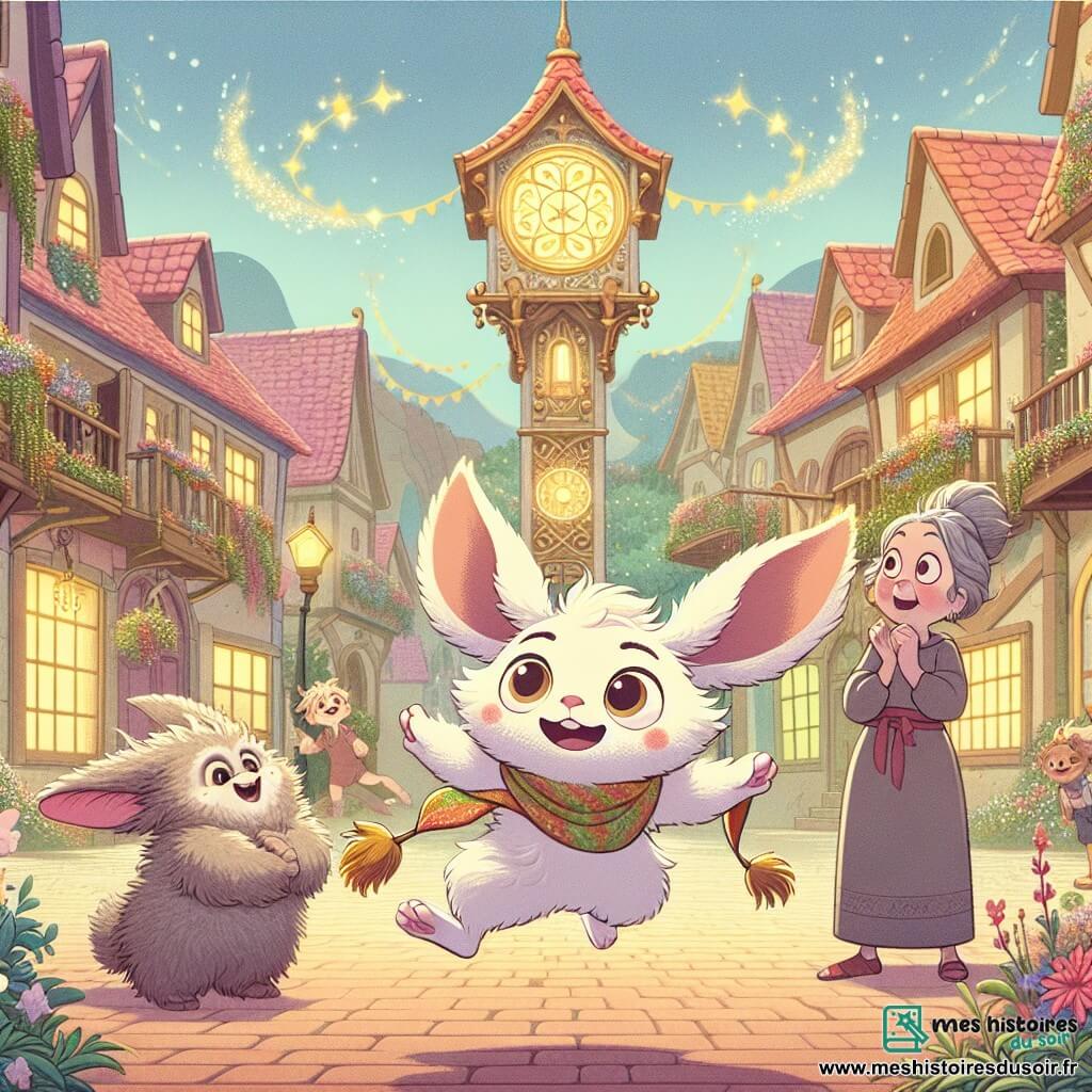 Pompom, un petit être aux grandes oreilles et au pelage doux, est suspendu dans les airs, les pattes battant dans le vide, avec un sourire surpris et amusé. Il porte une écharpe colorée qui vole au vent. À proximité, Bibi, un petit animal à fourrure aux yeux pétillants, se tient sur ses pattes arrière, riant et encourageant, tandis que Marguerite, une vieille dame aux cheveux gris, observe la scène avec inquiétude et amusement, les mains sur les hanches. La scène se déroule sur la place du village de Dormiland, entourée de maisons pastel et de jardins fleuris, avec la grande horloge magique au centre, brillamment ornée. Pompom tente de réparer l'Horloge Magique, mais se retrouve suspendu dans les airs, provoquant l'hilarité des villageois dans une atmosphère joyeuse.