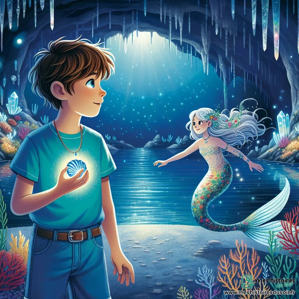 Un garçon de 11 ans, Théo, se tient au bord d'un lac souterrain, les yeux pleins de curiosité. Il a des cheveux châtains en bataille, un t-shirt bleu vif et un short en denim, et il tient un pendentif en forme de coquillage qui brille. À ses côtés, Marina, une sirène de 16 ans aux cheveux argentés et aux écailles scintillantes, nage gracieusement, vêtue d'une robe d'algues colorées. La caverne est illuminée par des cristaux, et le lac est d'un bleu profond, entouré de coraux colorés. Théo s'approche d'une sphère lumineuse, l'Orbe des Océans, qui flotte au-dessus de l'eau, tandis que Marina l'observe avec un sourire, prête à l'aider dans sa quête pour sauver le Royaume des Profondeurs.