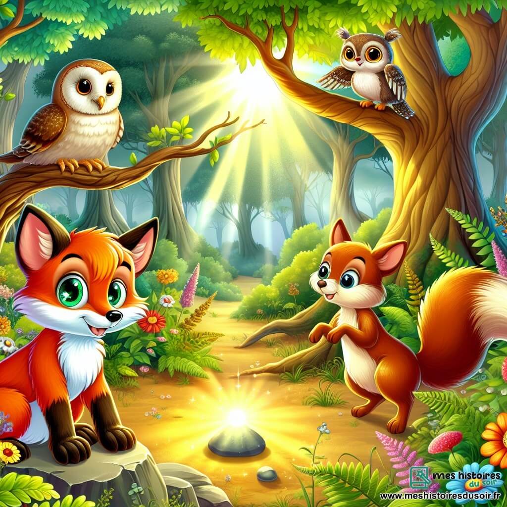 Un renard aux yeux pétillants et à la fourrure rousse se tient au centre de la clairière, curieux et déterminé, tandis qu'un écureuil grimpe sur une branche, l'observant avec excitation. Non loin, une chouette perchée regarde la scène avec sagesse. La clairière, entourée d'arbres majestueux, est illuminée par un rayon de soleil et ornée de fleurs sauvages et de fougères. Le renard et ses amis découvrent la Pierre des Souhaits, une pierre lisse qui brille faiblement, et s'apprêtent à résoudre le mystère de sa lumière éteinte.