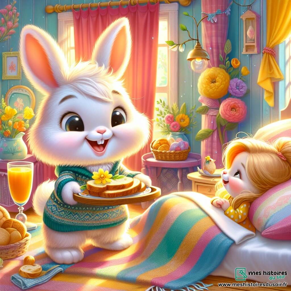 Petit Pouf, un petit lapin aux poils doux et aux grandes oreilles rondes, est debout sur ses pattes arrière, souriant joyeusement. Il tient un plateau avec des tartines dorées, un verre de jus d'orange et une fleur jaune. Sa maman, une douce lapine au pelage crème et aux yeux tendres, est allongée dans un lit moelleux, émerveillée par la surprise de son petit. La scène se déroule dans une chambre chaleureuse aux murs pastel, avec des rideaux colorés et des rayons de soleil. Petit Pouf présente fièrement son petit-déjeuner magique à sa maman, créant une atmosphère de tendresse et d'amour.