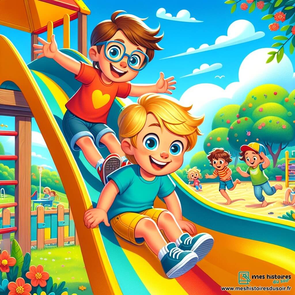 Deux garçons de 7 ans, Leo et Max, jouent au parc. Leo, avec des cheveux bruns et des lunettes, glisse sur un toboggan coloré, les bras levés en riant. Max, aux cheveux blonds et souriant, attend son tour derrière lui. Le parc est fleuri, avec des arbres et un ciel bleu. La scène illustre leur amusement sur le toboggan, reflétant l'esprit des vacances d'été.