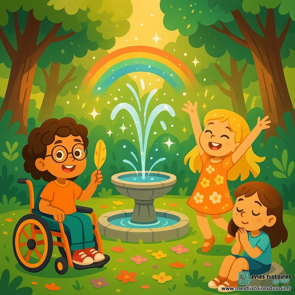 Trois personnages se trouvent au centre de la clairière enchantée : Léna (10 ans, cheveux bruns bouclés, lunettes rondes, assise dans un fauteuil roulant coloré, tenant une plume dorée), Zoé (9 ans, cheveux blonds longs, robe à fleurs, dansant autour de la fontaine avec les bras en l'air) et Mia (9 ans, cheveux châtains, t-shirt bleu et short, assise sur un rocher, les yeux fermés en train de faire un vœu). La clairière est entourée d'arbres majestueux aux feuilles brillantes, le sol est couvert de pétales de fleurs colorées, et une fontaine étincelante projette des jets d'eau créant un arc-en-ciel. Les trois amies vivent un moment magique, prêtes à faire un vœu symbolisant leur amitié et leur esprit d'aventure.