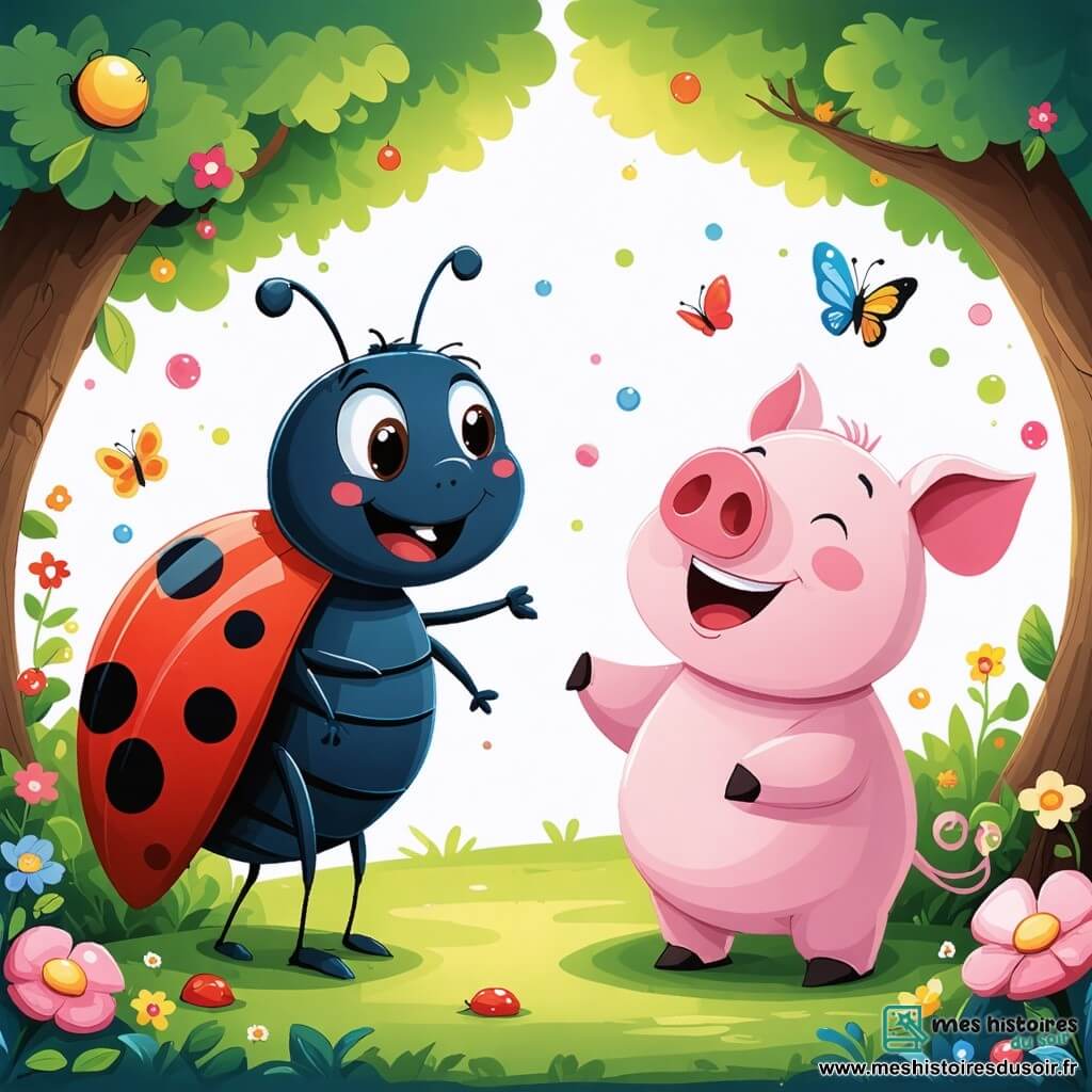 Lila, une coccinelle joyeuse au corps rouge vif et aux points noirs, bat des ailes avec un sourire dans un jardin secret rempli de fleurs multicolores et de papillons. À ses côtés, Gaston, un gros cochon rose, croque une pomme en riant. Non loin, Pippa, une poule blanche malicieuse, picore des grains de maïs, tandis que Minou, un petit chaton tigré aux yeux curieux, joue avec les papillons. Le jardin luxuriant, avec ses fruits colorés et une grande porte en bois couverte de lianes, crée une atmosphère magique. La scène représente une fête joyeuse où tous les animaux s'amusent ensemble.