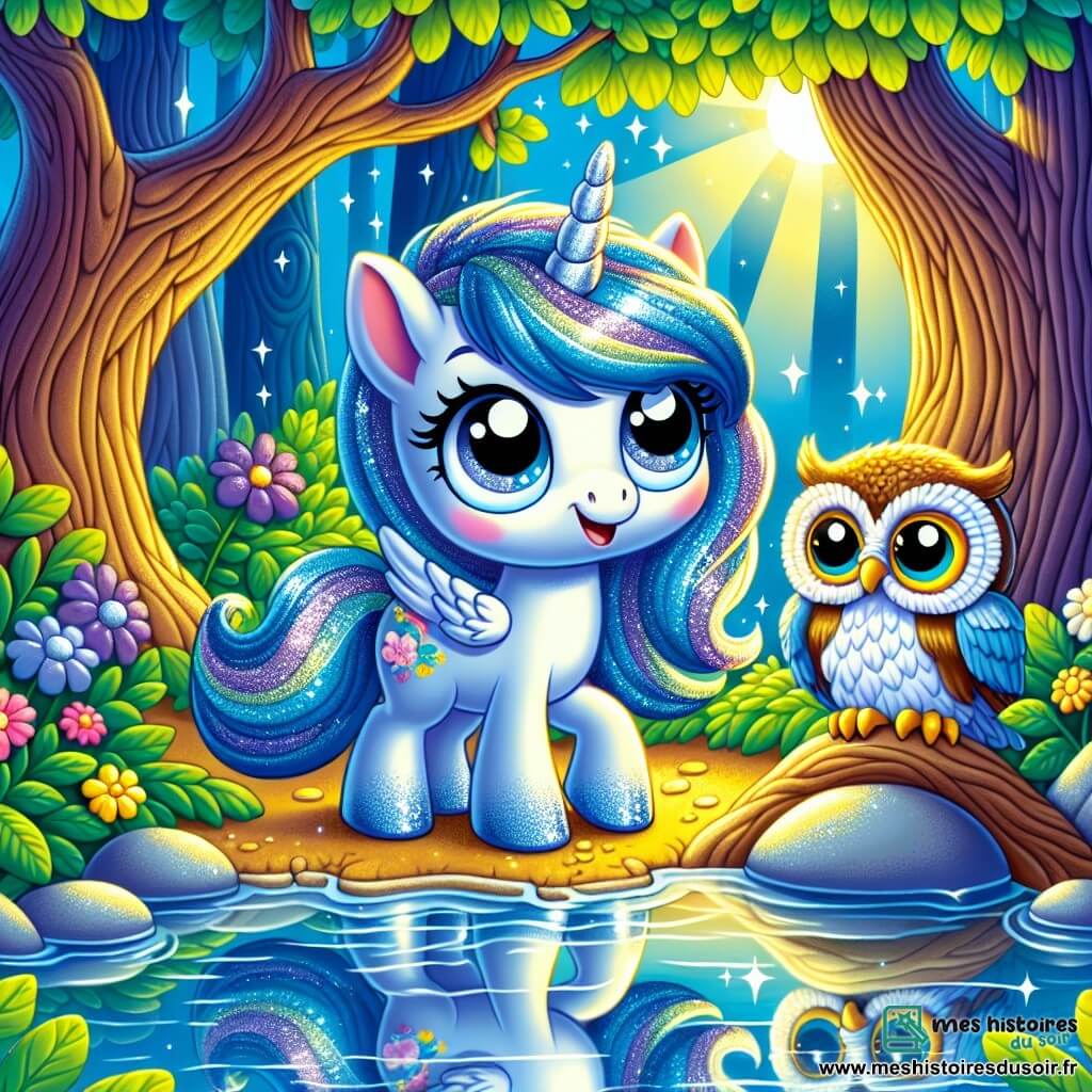 Une petite licorne bleue, Lila, se tient au bord d'un lac scintillant, ses yeux brillants de curiosité et de joie. Sa crinière bleu éclatant est parsemée de paillettes d'argent, et sa corne étincelle sous le soleil. Elle admire son reflet dans l'eau, un sourire radieux illuminant son visage. À ses côtés, un vieux hibou sage aux plumes dorées et lunettes rondes l'observe avec bienveillance, perché sur une branche d'arbre. Le décor est une forêt enchantée avec des arbres aux troncs épais, des feuilles vertes vibrantes et des fleurs colorées, tandis que le lac est entouré de pierres brillantes et baigné de rayons de soleil. Lila découvre ainsi qu'elle est unique et précieuse, entourée de la beauté de la nature.
