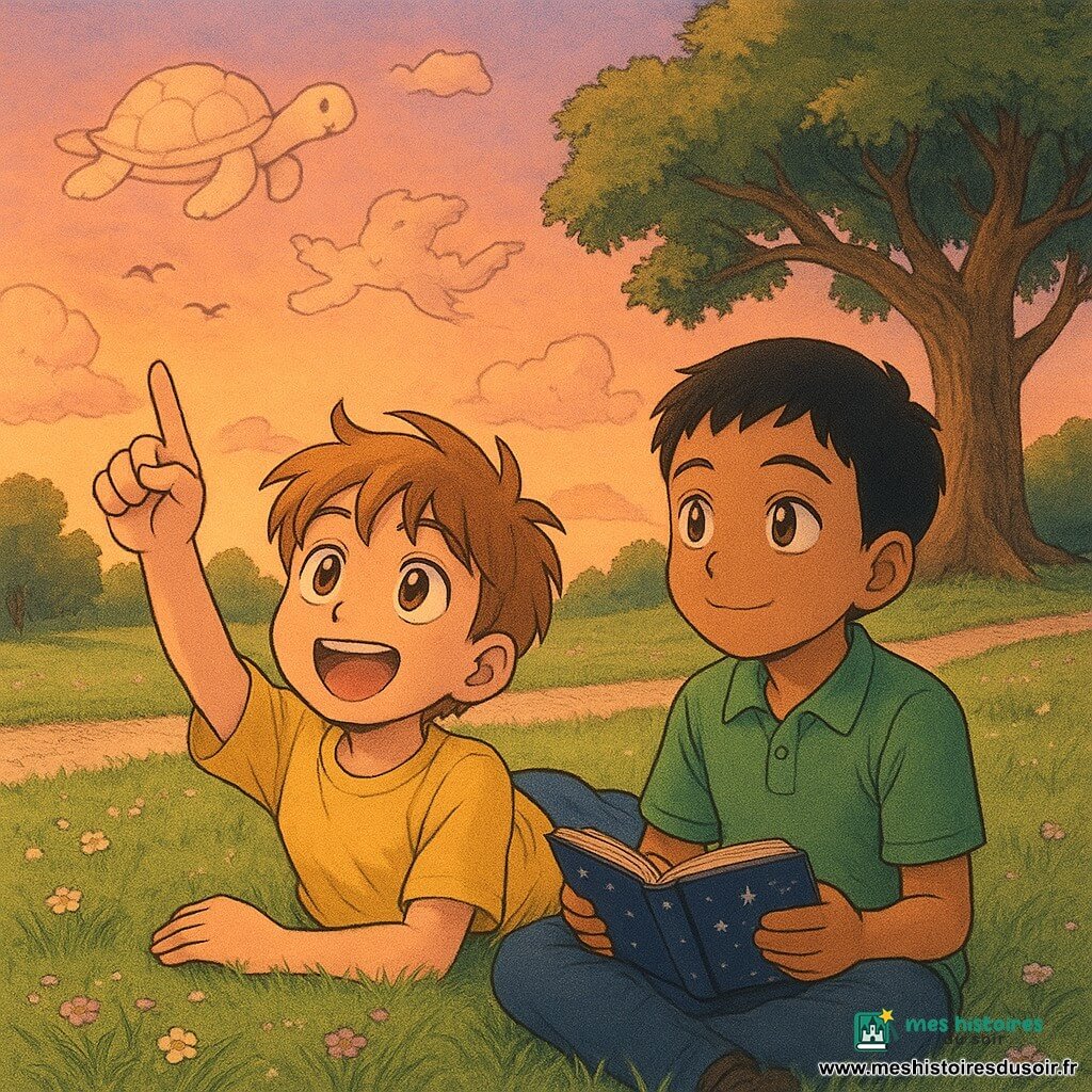Deux garçons d'environ 8 ans — l'un souriant et curieux, allongé sur l'herbe et pointant un nuage, cheveux châtain clair en mèches, t-shirt jaune et short bleu ; l'autre calme et émerveillé, assis à côté et tenant un petit livre sur les étoiles, peau un peu plus foncée, cheveux noirs courts, polo vert — sont proches l'un de l'autre dans un grand parc parsemé de petites fleurs blanches et mauves, devant un immense chêne noueux et un chemin en gravier; le ciel crépusculaire orangé et rosé, avec des nuages en formes reconnaissables (tortue, dragon) et quelques oiseaux en vol, baigne la scène d'une lumière douce aux ombres longues, palette chaude et pastel; style manga jeunesse aux traits ronds et expressifs, textures d'herbe détaillées et ambiance chaleureuse et apaisante.