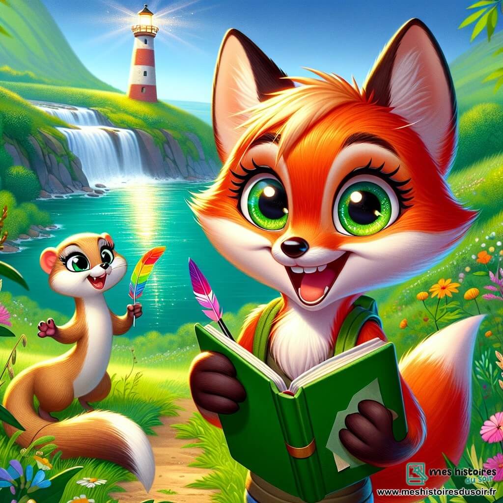 Un jeune renard à la fourrure rousse éclatante, aux yeux malicieux, se tient au bord d'un lac émeraude, souriant. Il tient un carnet dans ses pattes avant, prêt à écrire ses aventures d'été. À côté de lui, sa grande sœur, une belette au pelage beige, regarde avec enthousiasme, tenant une plume colorée qu'elle a trouvée. En arrière-plan, le lac scintille sous le soleil, entouré de verdure et de fleurs sauvages, tandis qu'un vieux phare se dresse sur une colline, ajoutant du mystère à la scène. Le renard et sa sœur sont plongés dans l'excitation de capturer les souvenirs de leur journée d'exploration, entourés de la beauté naturelle de leur vallée.
