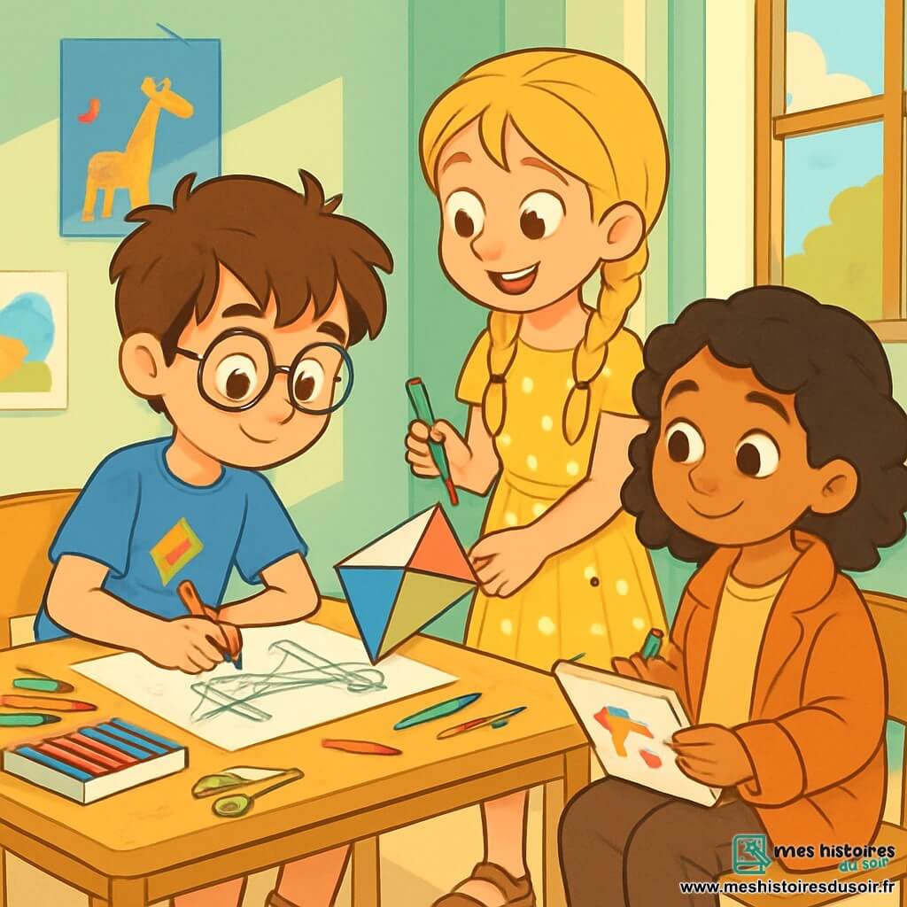 Il y a trois personnages : Naël, un garçon de 10 ans avec des cheveux bruns en bataille et des lunettes rondes, qui porte un t-shirt bleu avec un dessin de cerf-volant et un short en jean, assis à une table à dessin en se concentrant sur un dessin de pont en papier. Lila, une fille de 10 ans aux cheveux blonds tressés et aux yeux pétillants, porte une robe jaune à pois et des sandales, se tenant debout à côté de Naël avec un feutre coloré pour ajouter des détails. Mira, une fille de 9 ans avec des cheveux noirs bouclés et un sourire doux, porte un manteau trop grand et un pantalon en velours, assise sur une chaise avec un carnet de croquis, observant ses amis tout en dessinant des cerfs-volants. L'histoire se déroule dans une salle de classe lumineuse aux murs verts pastel, avec des fenêtres ouvertes et des affiches colorées. Les trois enfants créent ensemble un cerf-volant en papier, échangeant des idées et riant, leurs visages illuminés par l'excitation, avec des mots en différentes langues sur le cerf-volant symbolisant leur amitié et leur désir de construire des ponts au lieu de murs.