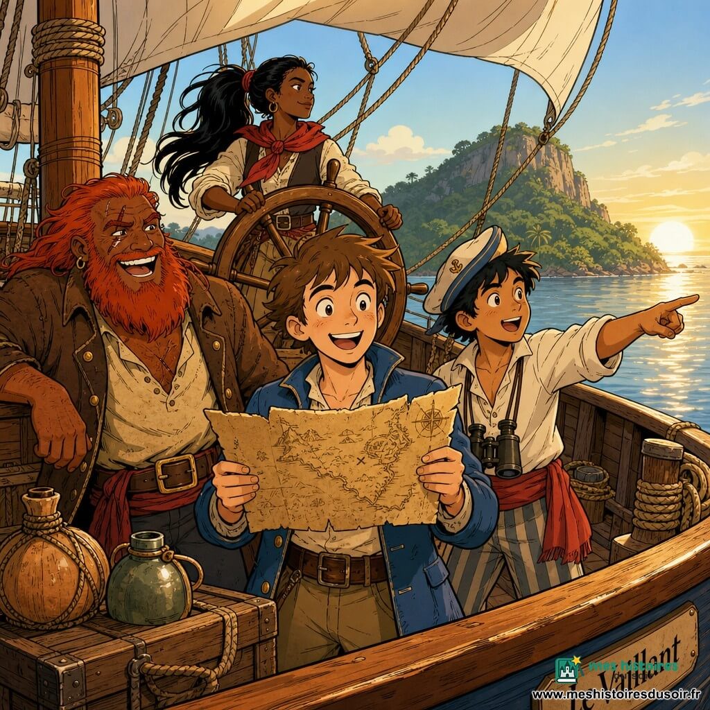 Timothée, yeux brillants et sourire large, cheveux bruns en bataille, veste bleue légère, tient fièrement une vieille carte jaunie sur le pont avant du vieux bateau Le Vaillant ; à sa gauche, Barbe-rouge, grand homme à la barbe rousse épaisse et cicatrice sur la joue, veste marron usée, s’appuie sur le bastingage en riant ; à sa droite, Léo, jeune d’environ 20 ans, petit et vif, chapeau de marin décalé et jumelles autour du cou, pointe l’horizon ; en retrait, Morgane, cheveux noirs en queue et écharpe rouge, tient la barre avec assurance ; autour, pont en bois verni, voiles blanches gonflées, mer calme aux reflets dorés du matin et, au loin, une île verdoyante avec une grosse colline — l’équipage vient d’apercevoir l’île au trésor, ambiance joyeuse et d’aventure, couleurs chaudes et traits expressifs.