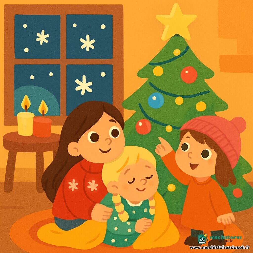 Il y a trois personnages : Lily, une petite fille de 7 ans aux longs cheveux bruns, portant un pull rouge avec des flocons blancs, assise sur le sol avec des yeux émerveillés devant le sapin ; Rose, 6 ans, avec des cheveux blonds tressés et une robe verte à pois blancs, blottie contre Lily avec une couverture douce ; et Mia, 5 ans, avec des cheveux châtains et un bonnet rose, debout à côté du sapin, pointant l'étoile dorée au sommet. L'action se déroule dans un salon chaleureux décoré pour Noël, avec un grand sapin illuminé et des bougies créant une ambiance douce. Les trois filles, émerveillées par la magie de Noël, partagent un moment tendre sous le sapin, entourées de décorations scintillantes et de flocons de neige.