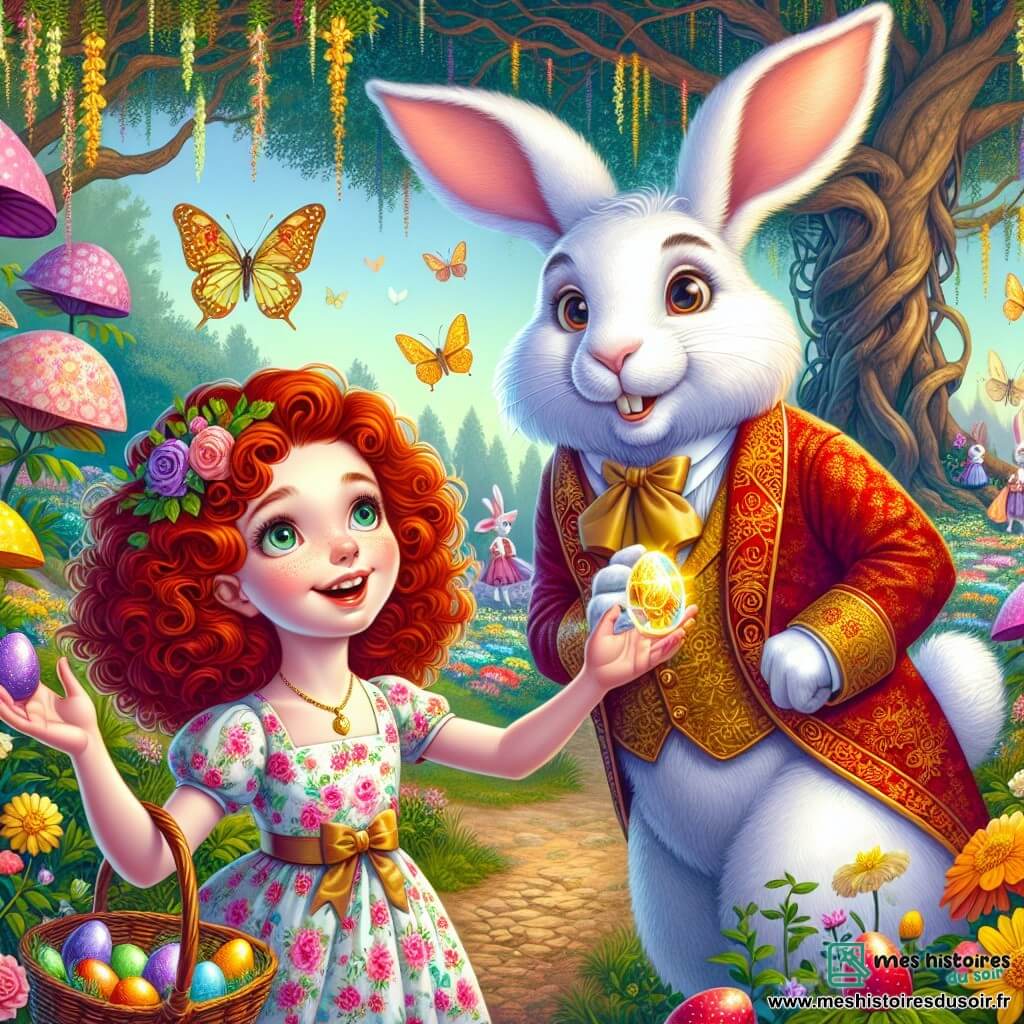 Une fille de 12 ans, nommée Emma, se tient au centre de l'image, avec des boucles rousses et des yeux curieux. Elle porte une robe à fleurs et tient un panier en osier rempli d'œufs colorés, souriant d'émerveillement. À ses côtés, un lièvre géant nommé Léopold, avec un pelage blanc et un gilet brodé, la regarde avec complicité. En arrière-plan, une clairière enchantée est entourée de fleurs géantes et de papillons, créant une ambiance magique. Emma et Léopold découvrent un joyau brillant au centre de la clairière, entourés de lapins joyeux autour d'une table de fête pour un festin de Pâques.