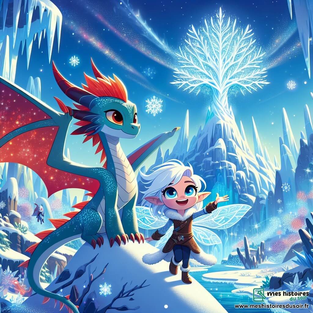 Un petit dragon nommé Flamme, avec des écailles rouges et des yeux curieux, se tient au sommet d'une montagne glaciale, prêt à s'envoler avec détermination. À ses côtés, une elfe de glace nommée Cristal, aux cheveux argentés et aux ailes transparentes, sourit en utilisant sa magie pour apaiser le vent. Le décor est féerique, avec un ciel bleu, des flocons de neige et un arbre de glace scintillant. Flamme et Cristal sont unis dans leur quête pour protéger le sanctuaire magique, entourés de stalactites brillantes et de paysages enneigés.