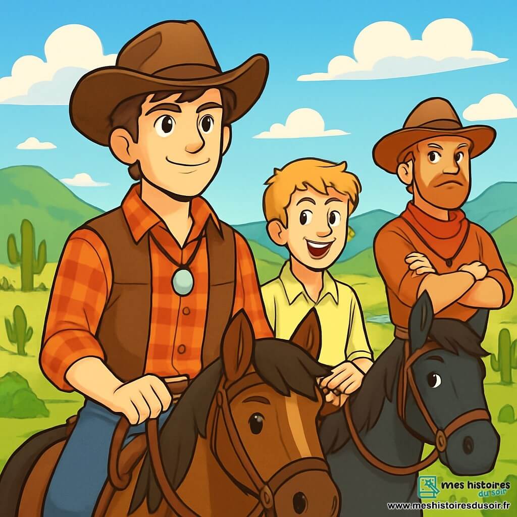 Jake, un jeune cow-boy de 20 ans, se tient sur son cheval brun, déterminé et plein d'espoir. Il porte un chapeau usé, une chemise à carreaux rouge et un gilet en cuir, avec un médaillon en argent. À ses côtés, son ami Sam, 19 ans, sourit en tenant les rênes de son cheval noir, prêt pour l'aventure. Un peu plus loin, Tom, 25 ans, avec une barbe rousse et un bandana rouge, observe l'horizon, défiant. Le décor est une vallée verdoyante entourée de collines et de cactus, sous un ciel bleu avec des nuages. Un ruisseau scintille au loin, ajoutant une touche de magie. Jake, Sam et Tom sont réunis, excités à l'idée d'explorer cette terre promise.