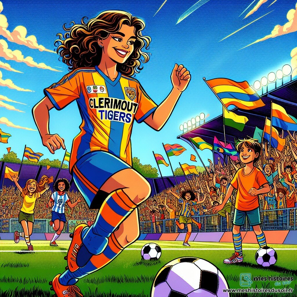 Chloé, une jeune femme souriante aux cheveux bouclés, porte un maillot de football aux couleurs des Tigres de Clermont. Elle dribble le ballon avec agilité, son visage rayonnant de détermination et de joie. À ses côtés, Lucas, un garçon d'environ 8 ans avec des cheveux bruns en bataille et un maillot trop grand, l'observe avec admiration, tenant un ballon sous le bras. La scène se déroule sur un terrain de football verdoyant, entouré de gradins remplis de supporters enthousiastes. Chloé passe le ballon à Lucas, qui s'apprête à tirer vers le but, capturant l'esprit du football, mêlant amitié et passion du sport.