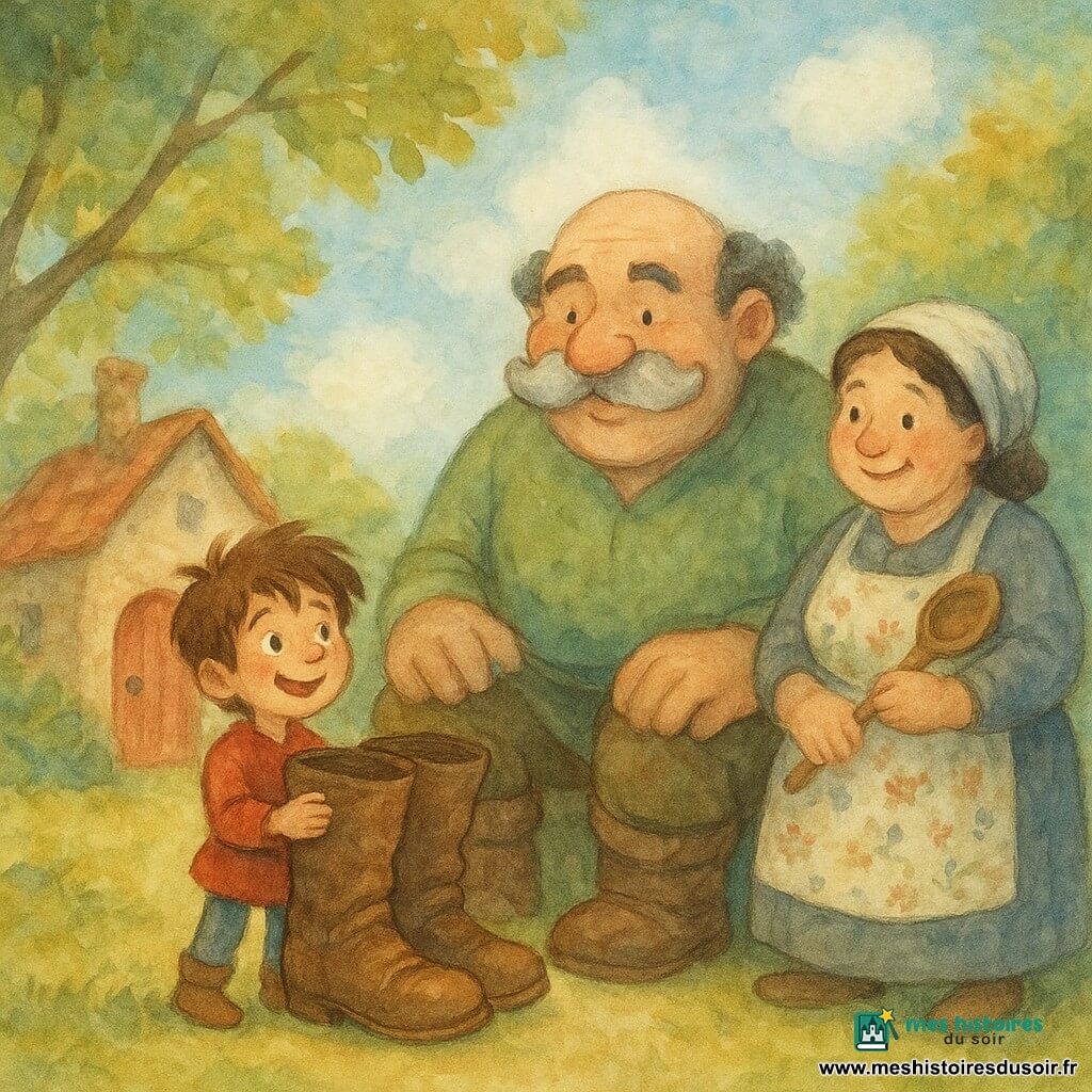 Le Petit Poucet, un garçon minuscule aux cheveux bruns ébouriffés, sourit en tenant des bottes géantes adaptées à sa taille. L'ogre, un homme immense avec une moustache en nuage, regarde Poucet avec bienveillance, ses bottes à côté de lui. L'ogresse, une femme avec un tablier fleuri, se tient à côté de l'ogre avec une louche en bois, un air accueillant. Ils sont devant une maison à porte rouge, entourée d'arbres aux feuilles vertes et dorées. La scène montre Petit Poucet rendant les bottes à l'ogre sous un ciel bleu parsemé de nuages, avec des rayons de soleil à travers les branches.