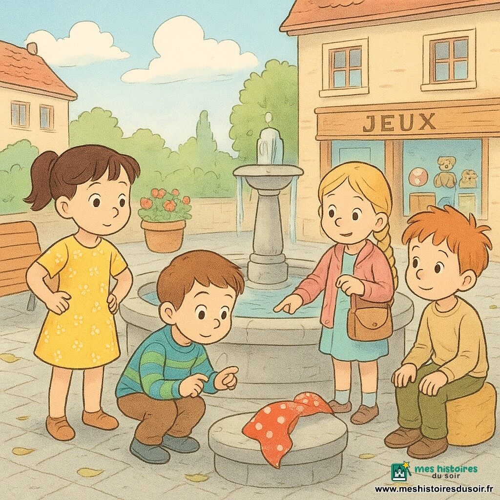 Quatre enfants de 5 ans — Lila (fille, cheveux bruns en couette, robe jaune à fleurs, mains sur les hanches, à gauche), Nino (garçon, cheveux châtains courts, pull rayé, accroupi devant la fontaine en train de compter sur ses doigts), Sara (fille, cheveux blonds en tresse, veste rose, derrière Nino, tenant un petit sac et pointant le foulard) et Tom (garçon, cheveux roux ébouriffés, pantalon kaki, assis sur un pouf jaune à droite, les mains sur les genoux) — sont sur une petite place ensoleillée avec une fontaine ronde en pierre, un banc verni, pots de fleurs, pavés et boutique de jeux ; ils ont trouvé un foulard rouge à pois blancs coincé entre le banc et la fontaine, légèrement mouillé et posé comme un petit drapeau, et le montrent à la maîtresse hors champ avec des expressions de fierté douce ; style visuel pastel, contours fins, atmosphère de découverte et de calme.