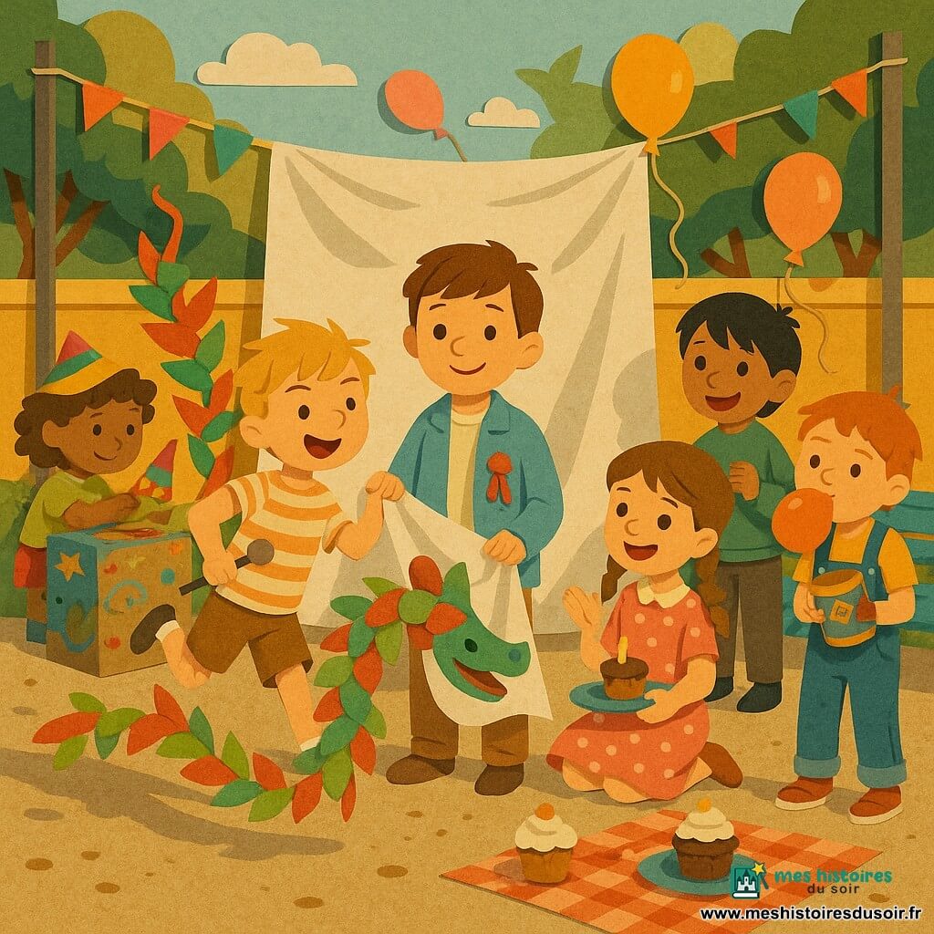 Six enfants dans une cour d'école ensoleillée font un spectacle d'anniversaire improvisé : Max, 8 ans, cheveux bruns courts, veste bleu clair et petit ruban rouge, est au centre-devant, tenant un coin du drap-scène ; Léo, 8 ans, cheveux blonds en bataille et t-shirt rayé, entre à gauche en frappant une boîte avec une cuillère ; Anna, 8 ans, nattes et robe rose à pois, est assise à droite en applaudissant et tenant un petit gâteau ; Tom, 8 ans, timide, cheveux noirs longs, pull vert, se tient en retrait à droite, mains serrées et sourire timide ; Nina, 7 ans, cheveux bouclés et bonnet coloré, décore des cartons à l'arrière gauche ; Jonas, 8 ans, cheveux roux en salopette, gonfle un ballon et agite une boîte de conserve en maracas à l'arrière droite. La scène, tendue entre deux poteaux avec un drap blanc, est décorée de cartons peints, guirlandes et ballons ; un dragon en papier aux rubans rouges et verts ondule devant le drap, les enfants rient en demi-cercle autour d'instruments bricolés et de gâteaux sur une nappe à carreaux, la lumière douce de fin d'après-midi crée une atmosphère chaleureuse et collective sur le sol en gravier près d'un petit muret jaune et d'un banc bleu.