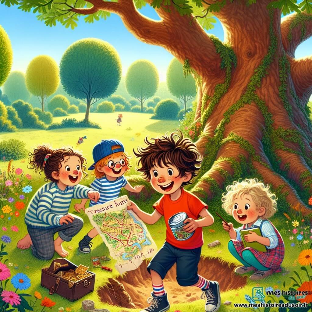 Lucas, un garçon de 12 ans aux cheveux ébouriffés et au sourire espiègle, est accroupi sous un grand chêne avec une carte au trésor. Il porte un t-shirt rouge et des shorts bleu marine, ses yeux brillent d'excitation. À côté de lui, Emma, 11 ans, avec des cheveux bouclés et une casquette à l'envers, rit en pointant une boîte de biscuits vide qu'ils viennent de déterrer. Max, 12 ans, avec des lunettes et un pull à rayures, fouille le sol avec un bâton, concentré mais amusé. Léa, 10 ans, avec des tresses et un carnet, observe avec un sourire complice. La scène se déroule dans une clairière ensoleillée, entourée d'arbres et de fleurs, où les amis partagent des moments de joie en pleine chasse au trésor.