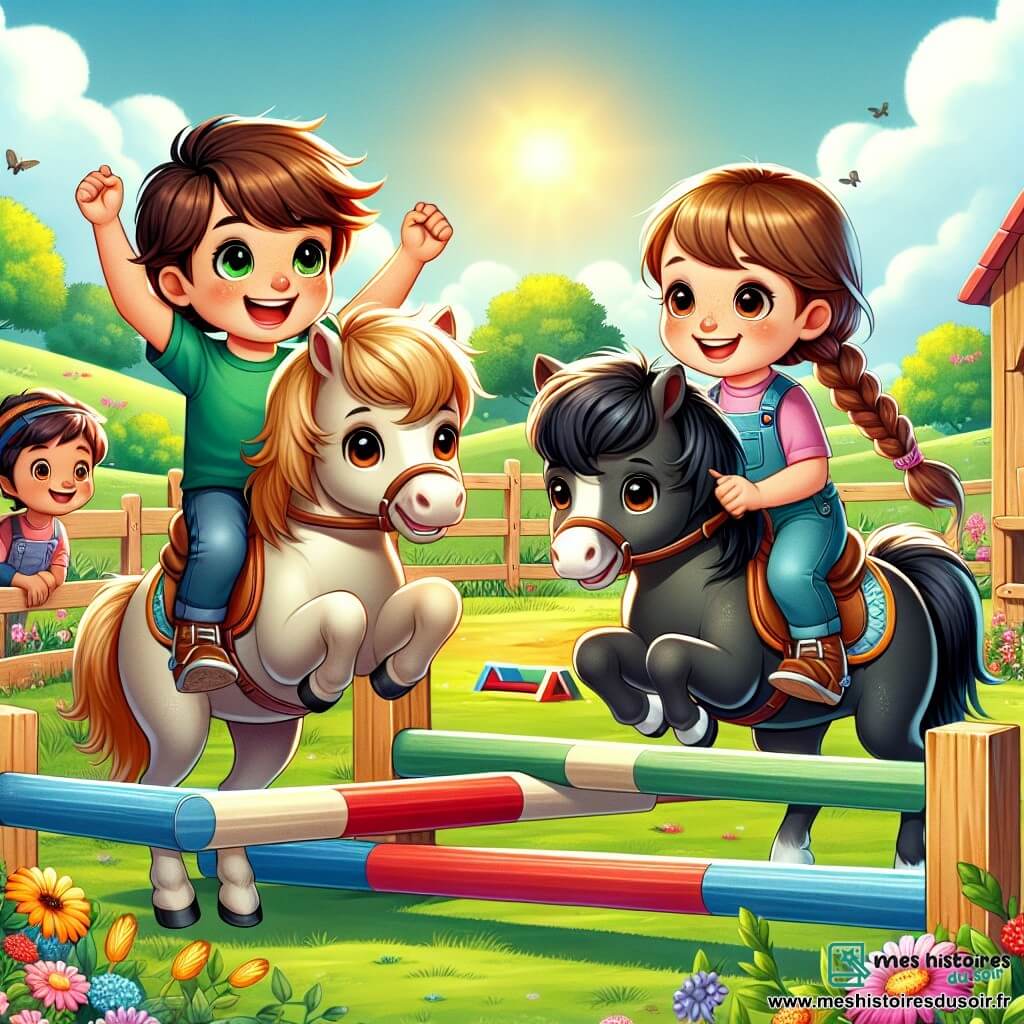 Léo, un garçon de 8 ans aux cheveux bruns en bataille, et Mia, une fille de 7 ans avec de longs cheveux blonds tressés, montent respectivement un poney noir et un poney beige. Léo, à gauche, lève les bras en signe de victoire, tandis que Mia, à droite, est prête à sauter. L'action se déroule dans une ferme ensoleillée, entourée de champs verdoyants et de fleurs colorées, avec une clôture en bois et des obstacles peints de couleurs vives. Ils sautent ensemble par-dessus un petit obstacle, leurs visages rayonnants de bonheur, tandis que d'autres enfants les encouragent, créant une atmosphère joyeuse.