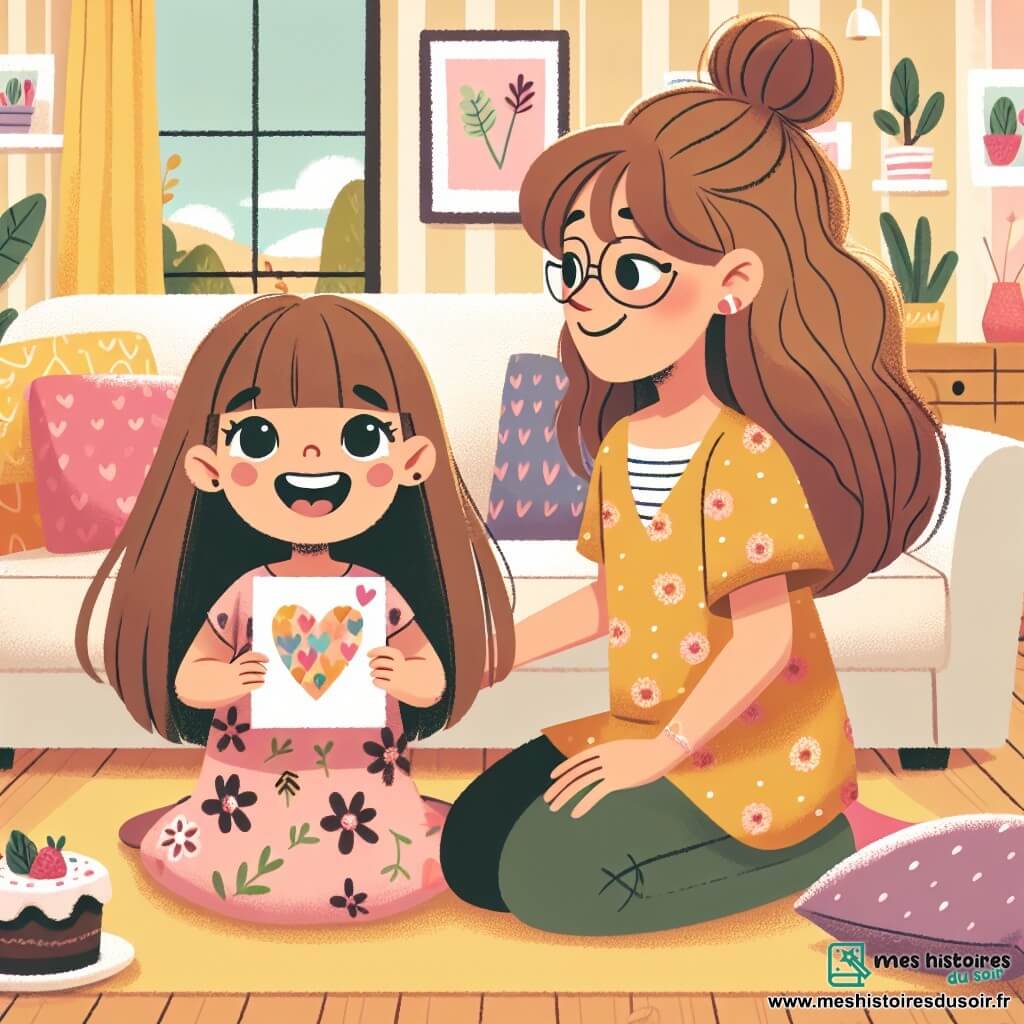 Lucie, une fille de 8 ans aux longs cheveux châtains et aux yeux joyeux, est assise sur le sol d'un salon chaleureux, entourée de coussins colorés. Elle porte une robe à fleurs et sourit en tenant une carte décorée de cœurs. Sa maman, d'environ 35 ans, avec des cheveux bruns en chignon et des lunettes, regarde la carte avec émotion, assise sur le canapé. Le salon lumineux a des murs jaunes, des plantes aux fenêtres et des dessins d'enfants accrochés. Elles partagent un moment tendre, Lucie offrant son cadeau de fête des mères, tandis qu'un gâteau au chocolat est posé sur la table basse, ajoutant une douceur à cette scène.