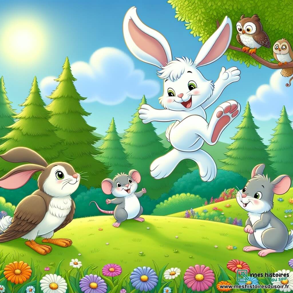 Un lapin blanc nommé Flocon, avec de grandes oreilles et un sourire joyeux, saute haut dans les airs, montrant son enthousiasme pour la gymnastique. À côté de lui, un hibou sage nommé Hocus l'observe avec fierté, prêt à donner des conseils. Un petit souris gris nommé Tim, l'air inquiet après sa chute, se tient en retrait. La scène se déroule dans une clairière ensoleillée, entourée d'arbres et de fleurs, avec un tapis d'herbe douce. Flocon effectue un saut spectaculaire, tandis que Hocus l'encourage et que Tim regarde avec admiration, créant une ambiance joyeuse.