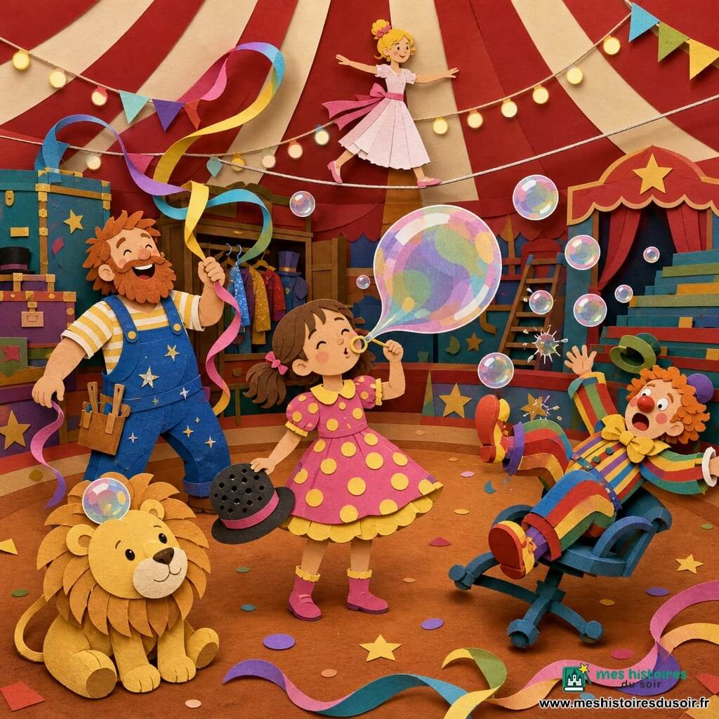 Pimprenelle, 6 ans, joyeuse, cheveux bruns en couettes, robe à pois rose et jaune, tient un chapeau melon percé et souffle une grande bulle irisée; à sa gauche, Gustave le charpentier (environ 40 ans), barbe rousse, salopette bleue à paillettes, rit en tenant un ruban multicolore; à droite, Zozo le clown (≈35 ans), nez rouge et costume rayé, tombe en faisant jaillir de petites bulles près d’une chaise tournante; en arrière-plan, la funambule Mademoiselle Paulette (≈28 ans), fine, cheveux blonds en chignon, marche sur un fil avec un ruban rose à la taille; un grand lion en peluche miel est assis près de la piste avec une bulle coincée dans sa crinière. Le tout se déroule dans un grand chapiteau rouge et blanc autour d’une piste ovale en terre cuivrée, gradins en bois, guirlandes lumineuses et coulisses colorées; ambiance d’atelier de bulles animée, bulles iridescentes et rubans tourbillonnants, lumières dorées, textures et bords nets rappelant le papier découpé.